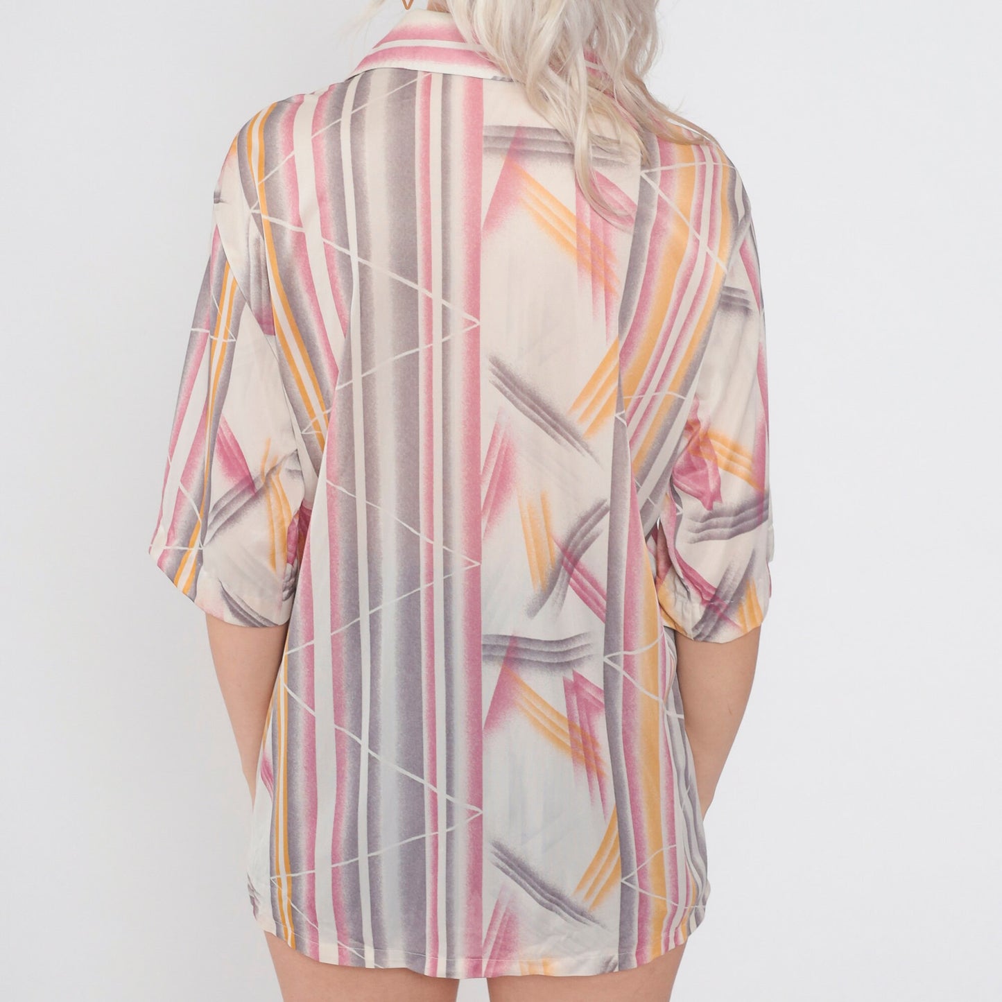 70s Abstract Striped Button-Up Blouse Short Sleeve Pointed Collar Disco Large