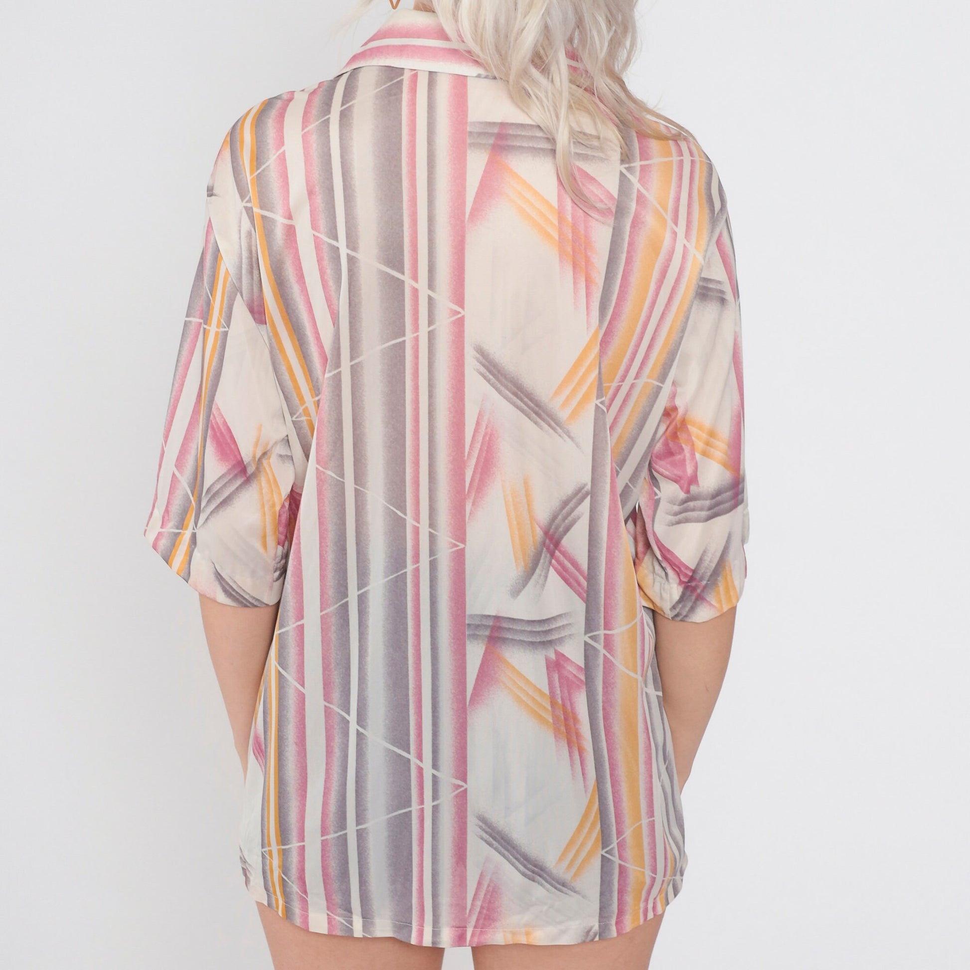 70s Abstract Striped Button-Up Blouse Short Sleeve Pointed Collar Disco Large
