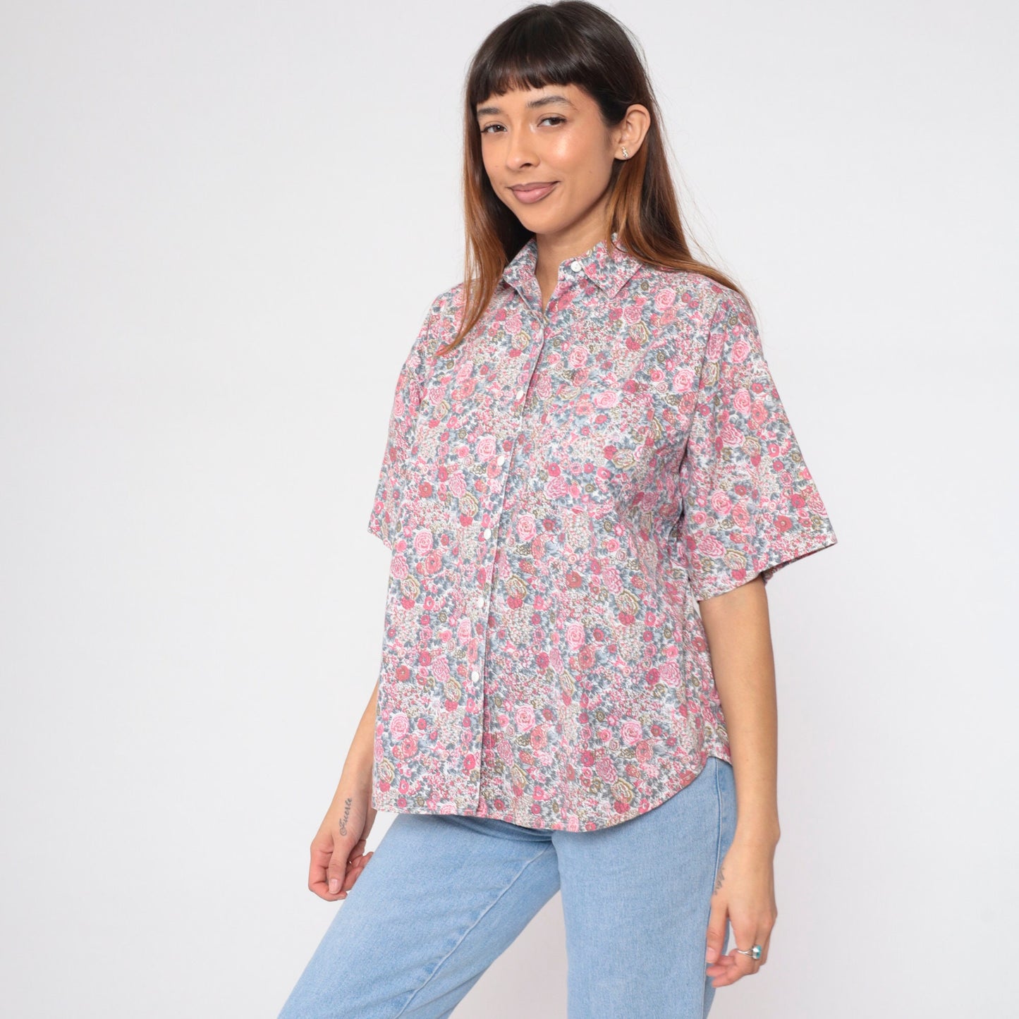 90s Floral Button-Up Shirt Cotton Wildflower Print Short Sleeve Small
