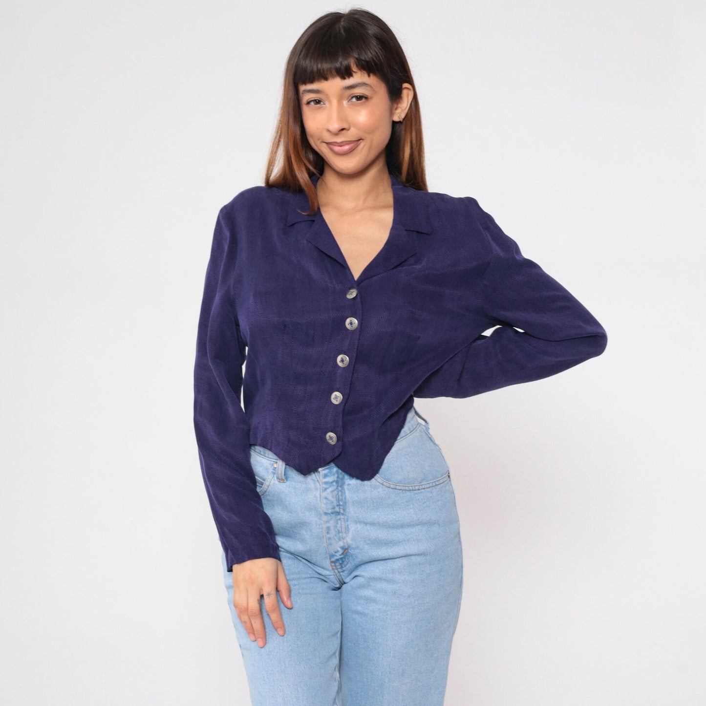 90s Purple Embossed Diamond Blouse Button Up Long Sleeve Collared Shirt Large