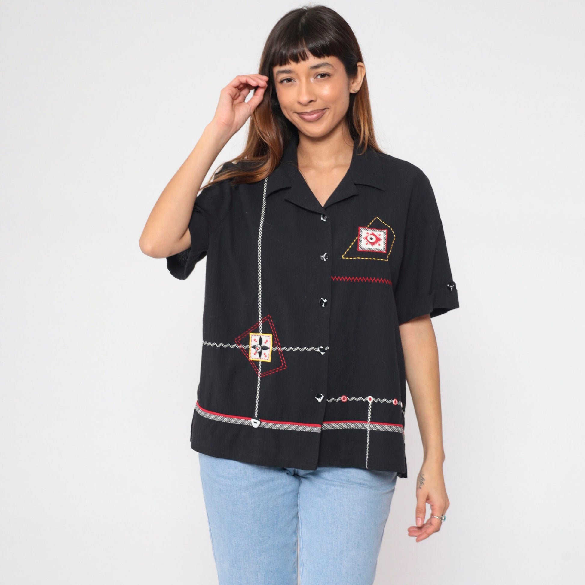 90s Koret Black Button-Up Blouse Abstract Embroidery Beaded Patch Large L