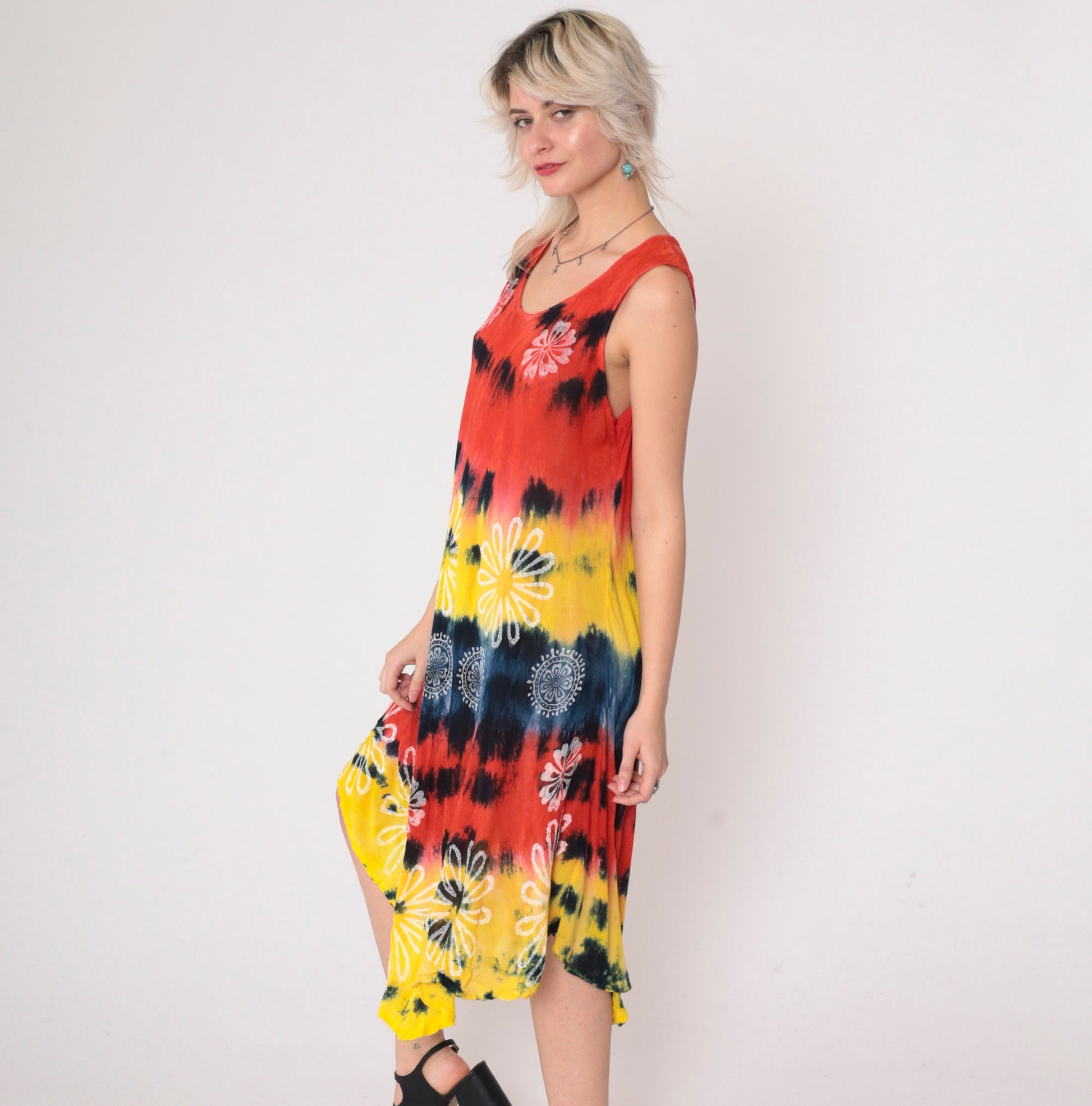00s Tie Dye Floral Midi Dress Sleeveless Scoop Neck Waterfall Hem Small Medium