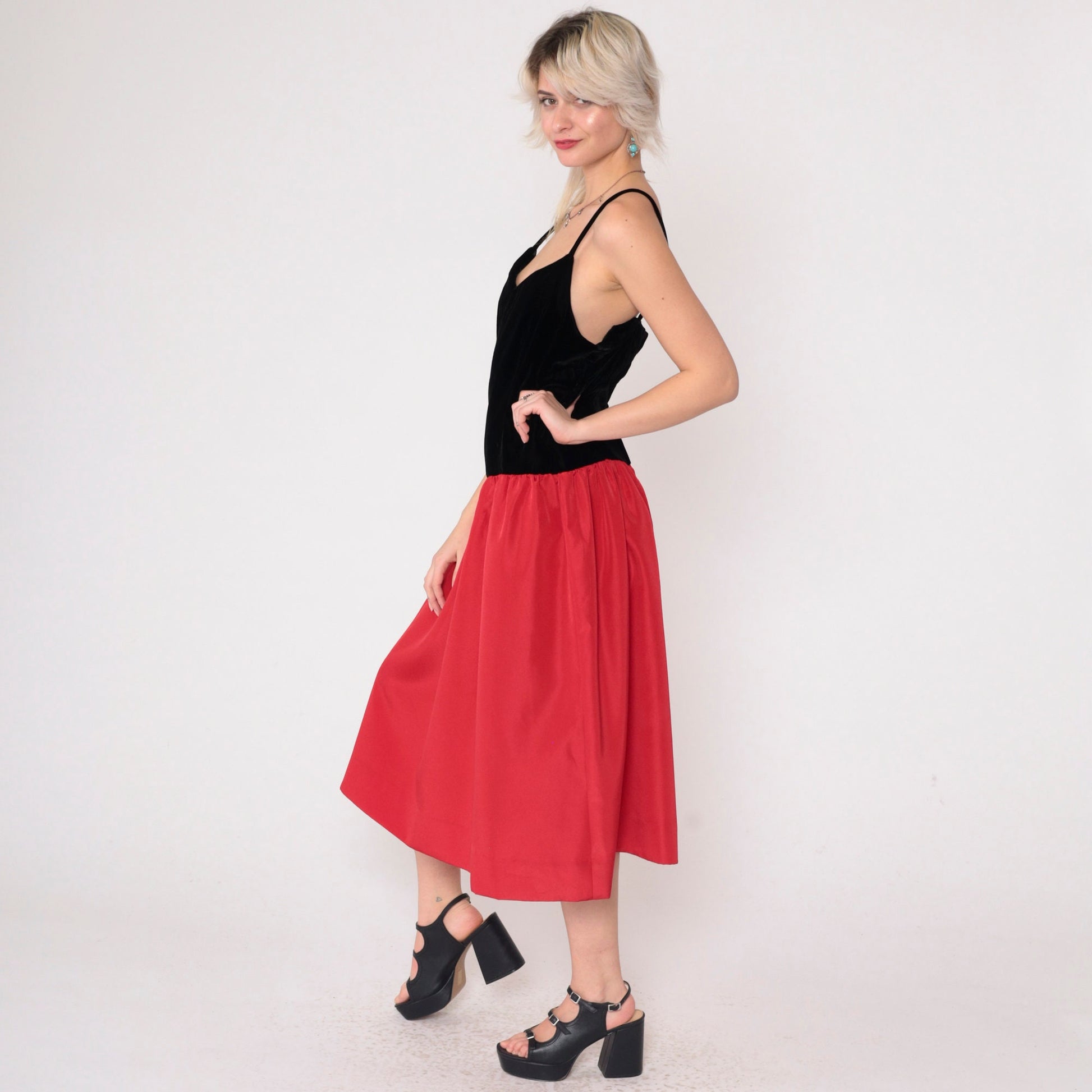 80s Velvet Colorblock Midi Dress Red Black Spaghetti Strap V Neck Medium