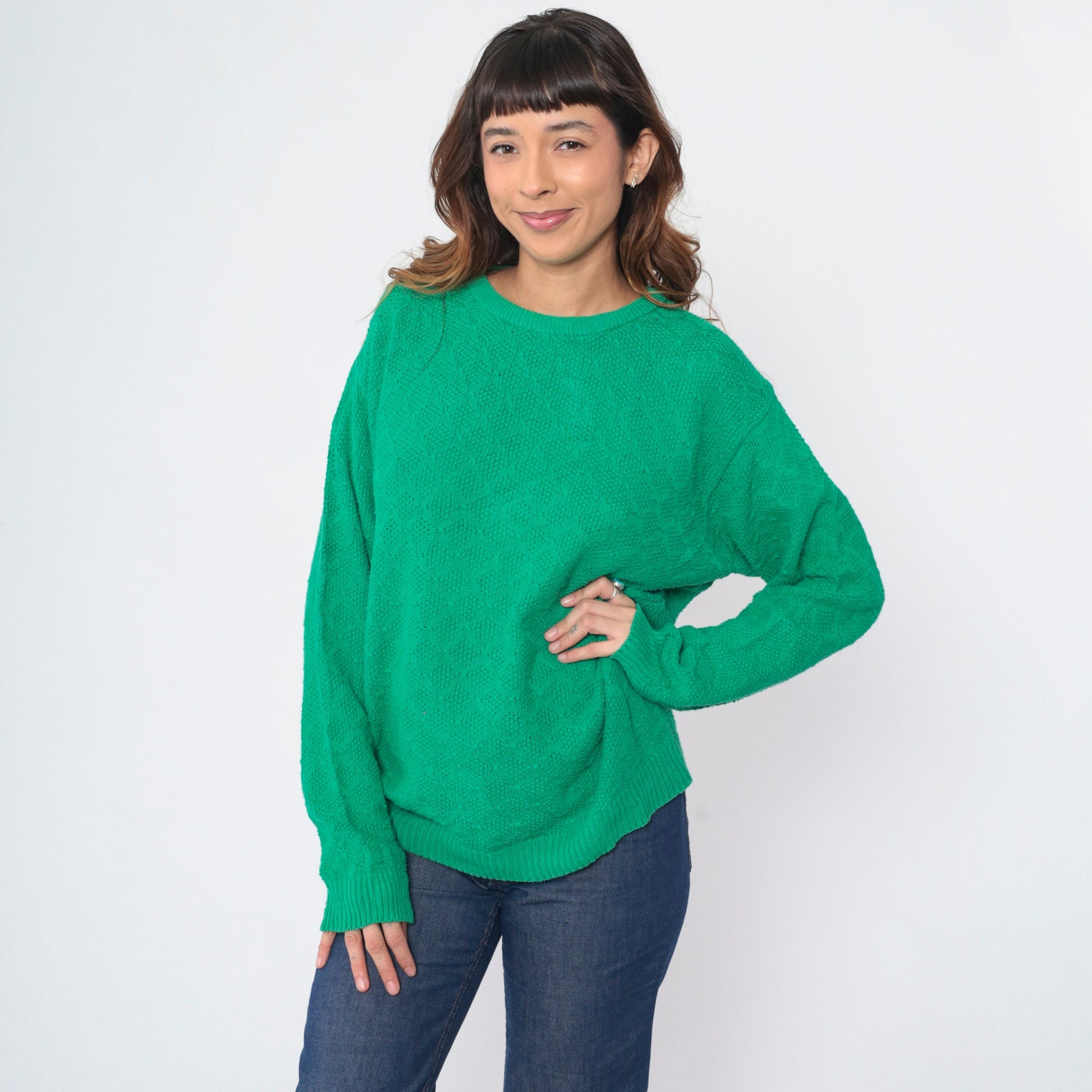80s Talbots Diamond Knit Sweater Green Crewneck Pullover Large L