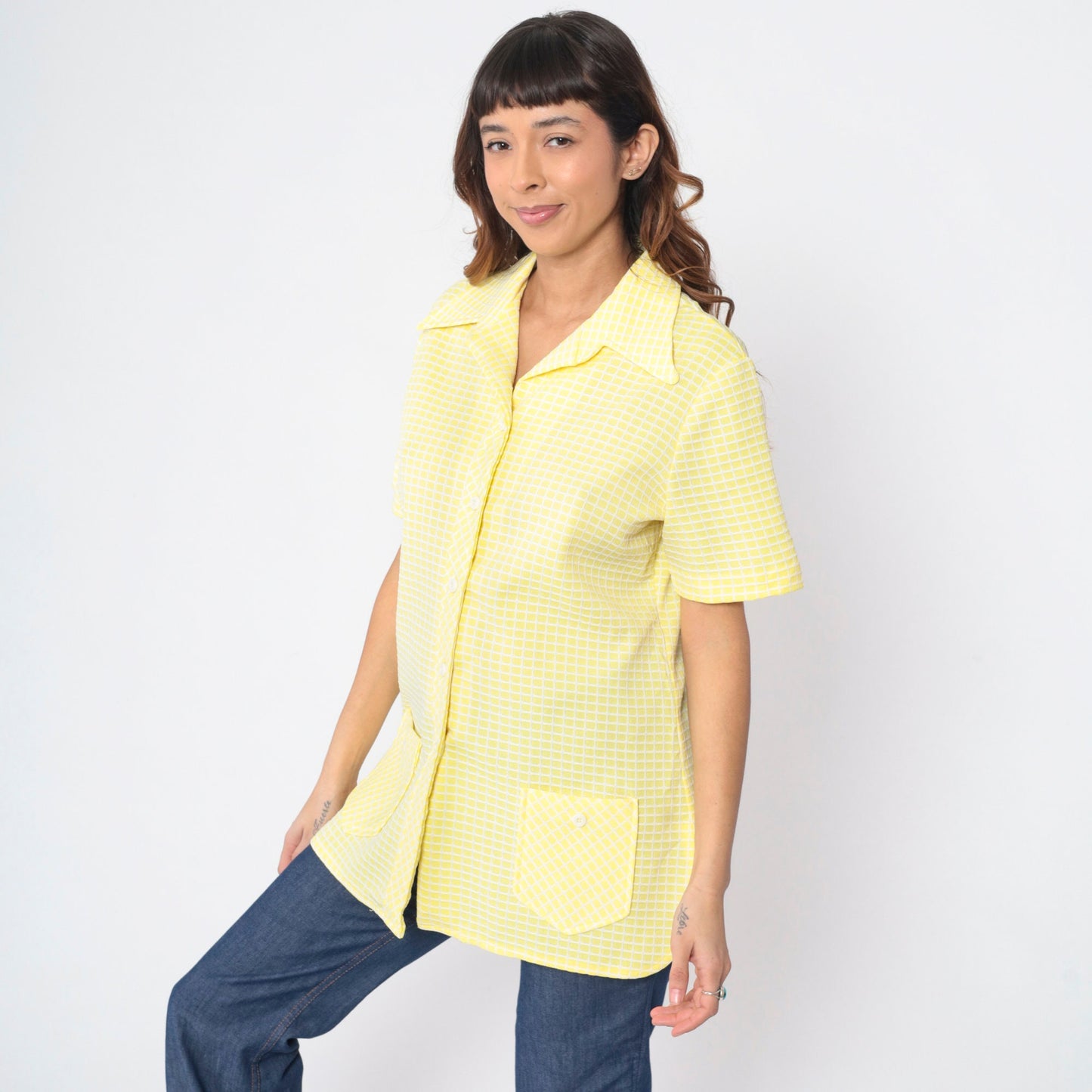 70s Yellow Checkered Button-Up Blouse Dagger Collar Short Sleeve Large L