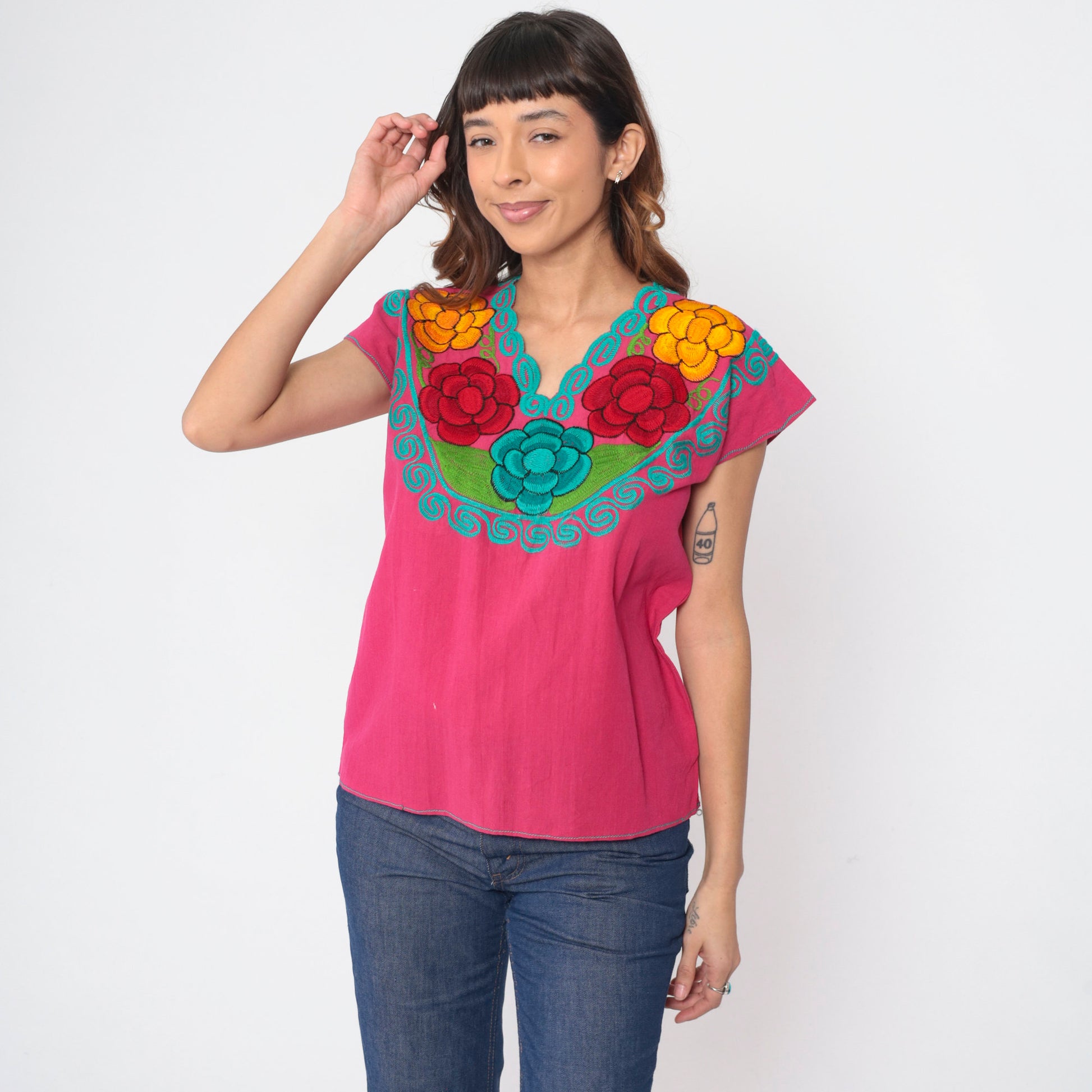 90s Mexican Embroidered Blouse Hot Pink Floral Cotton Peasant Small