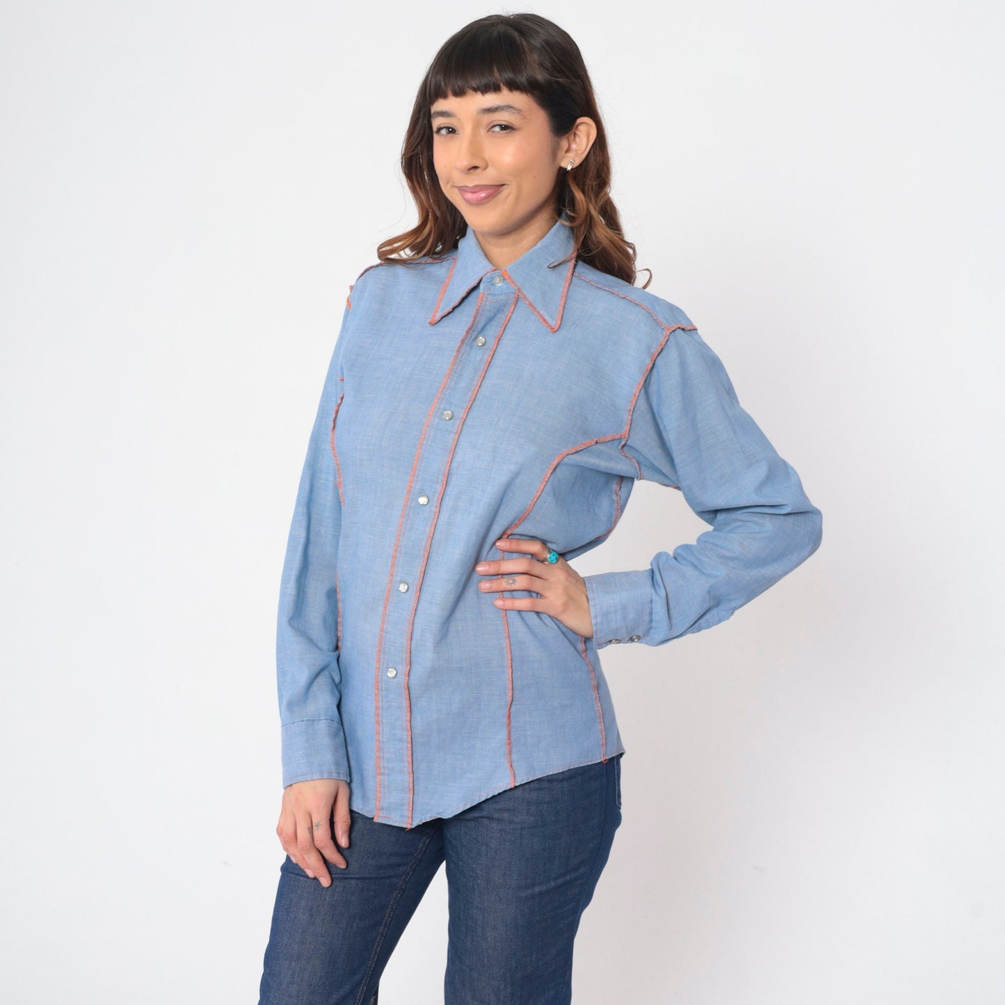 70s Andy New York Chambray Shirt Pearl Snap Western Dagger Collar Medium