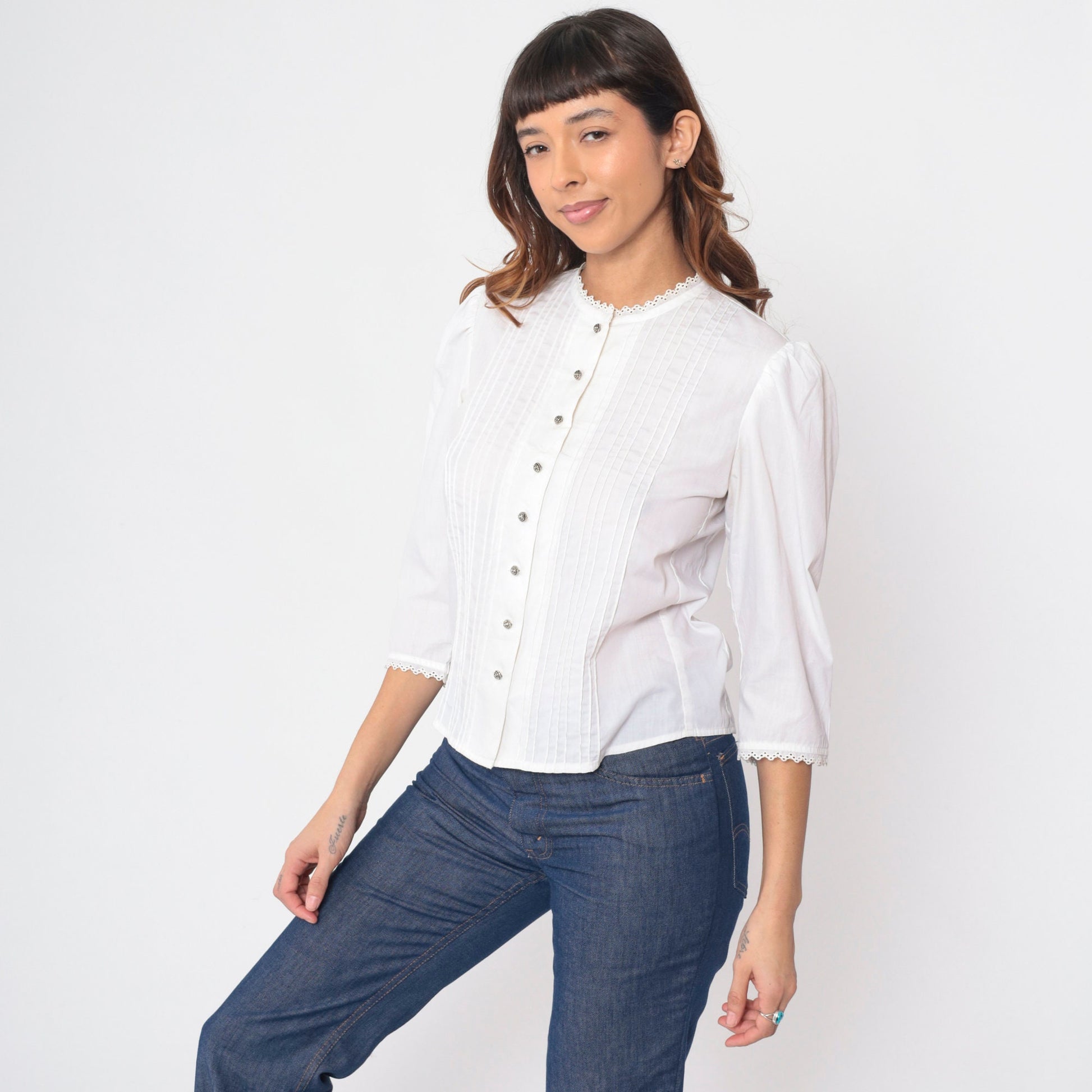 70s Lanz Originals White Prairie Blouse Puff Sleeve Pintuck Button Up Small