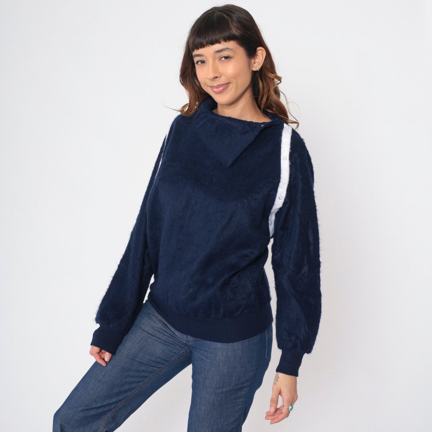 80s Navy Shaggy Fleece Sweatshirt Asymmetrical Shawl Collar Snap Pullover Small