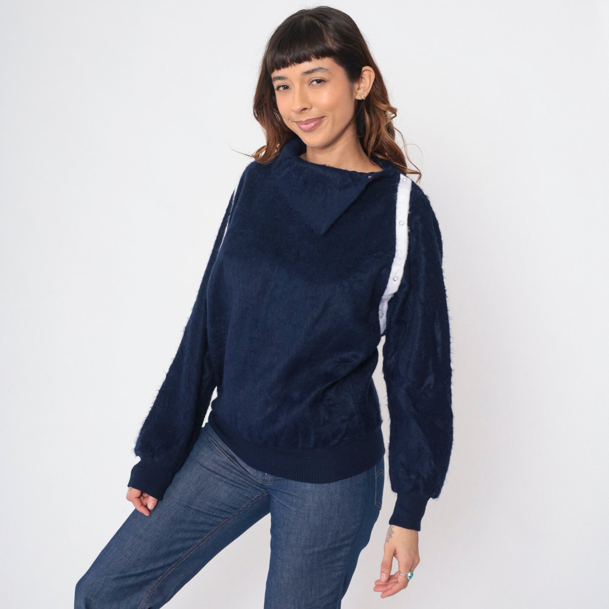 80s Navy Shaggy Fleece Sweatshirt Asymmetrical Shawl Collar Snap Pullover Small