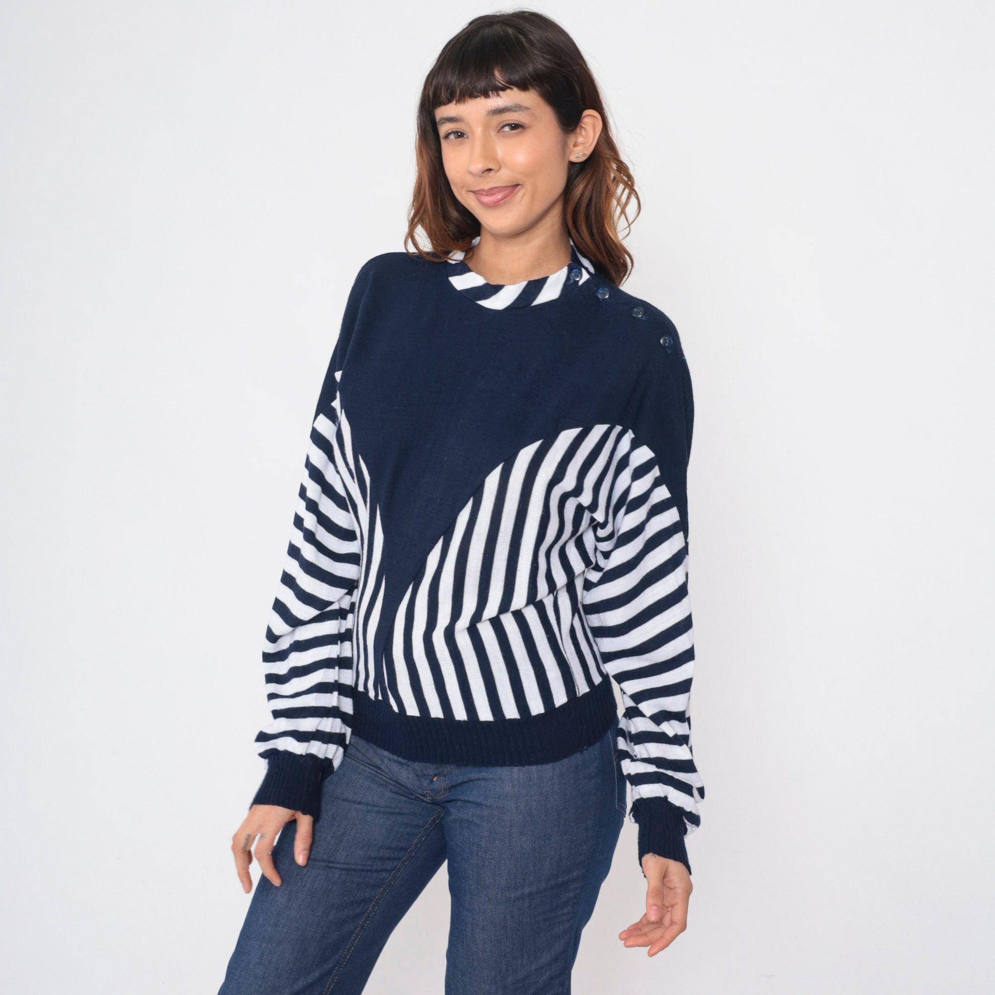 80s Clo Clo Striped Colorblock Knit Sweater Blue White Dolman Sleeve Small Medium