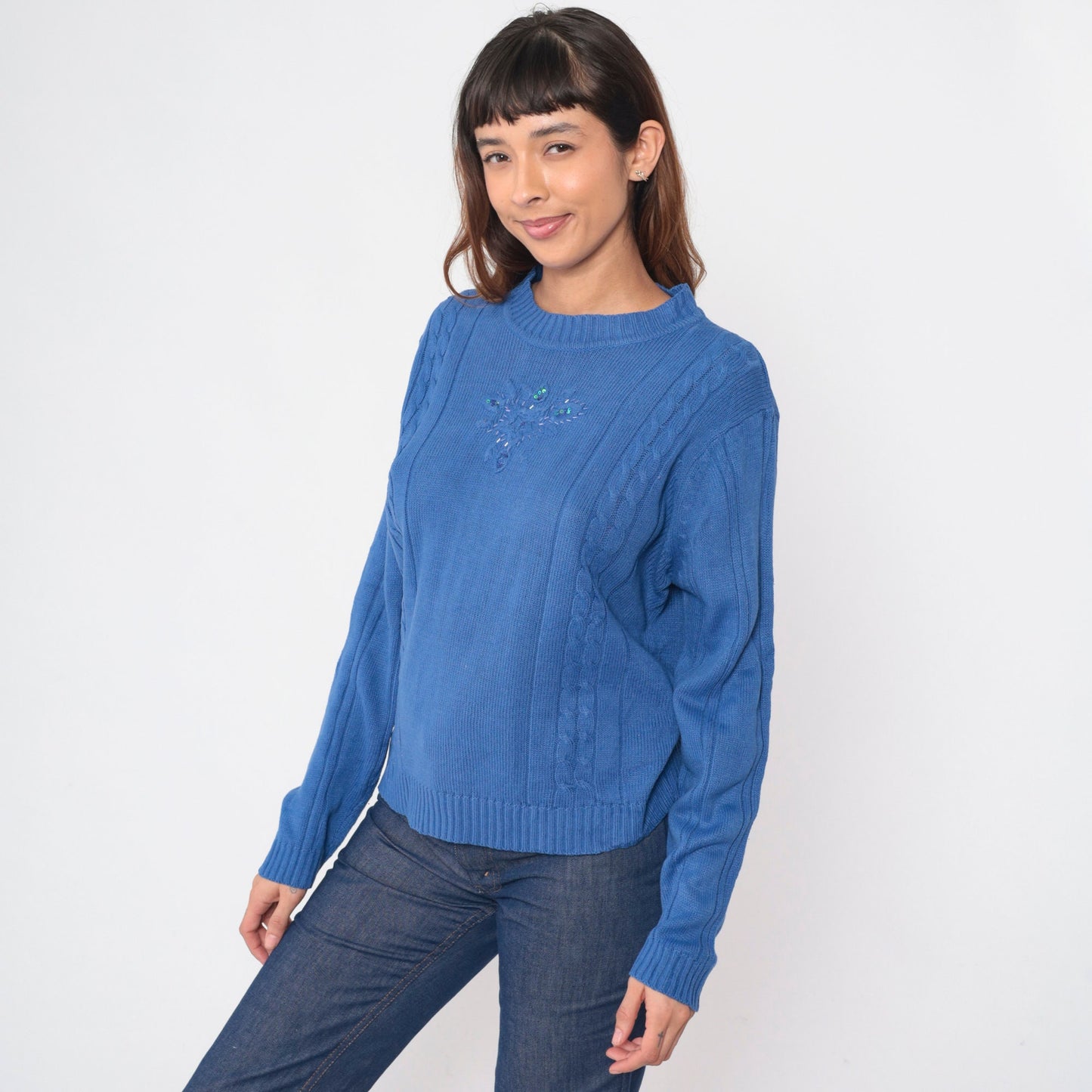 80s Blue Cable Knit Sweater Beaded Floral Design Pullover Large L