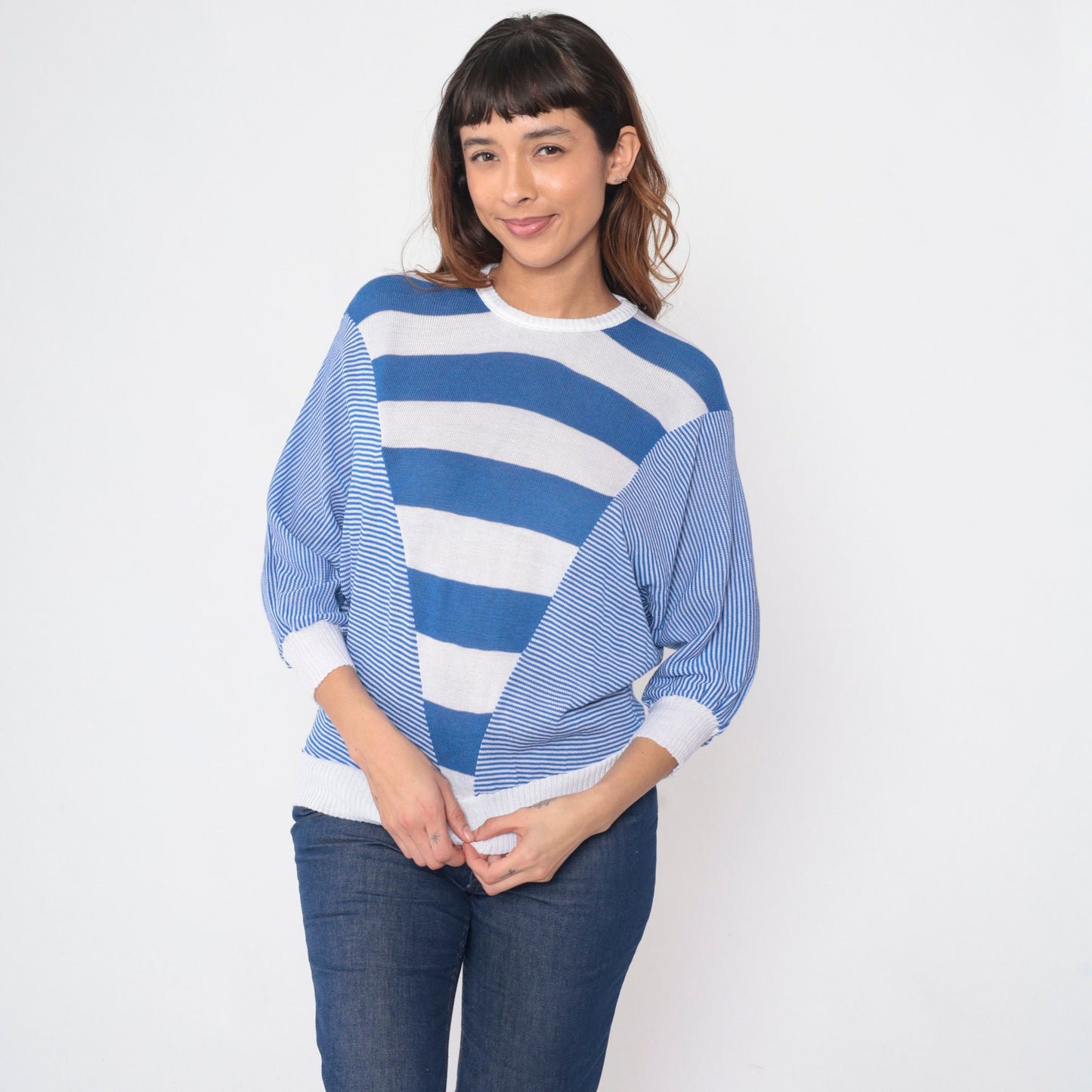 80s Blue White Striped Dolman Sweater Knit Pullover 3/4 Batwing Sleeve Medium M
