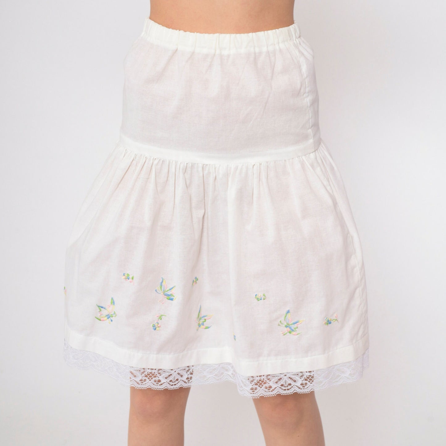 70s White Butterfly Embroidered Slip Skirt Lace Trim Extra Small