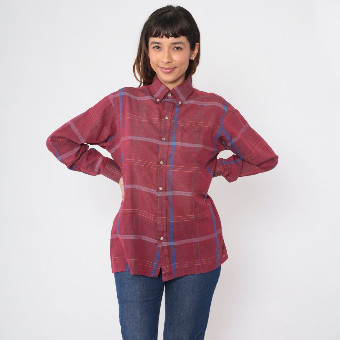80s Arrow Burgundy Plaid Button-Up Shirt Long Sleeve Collared Medium