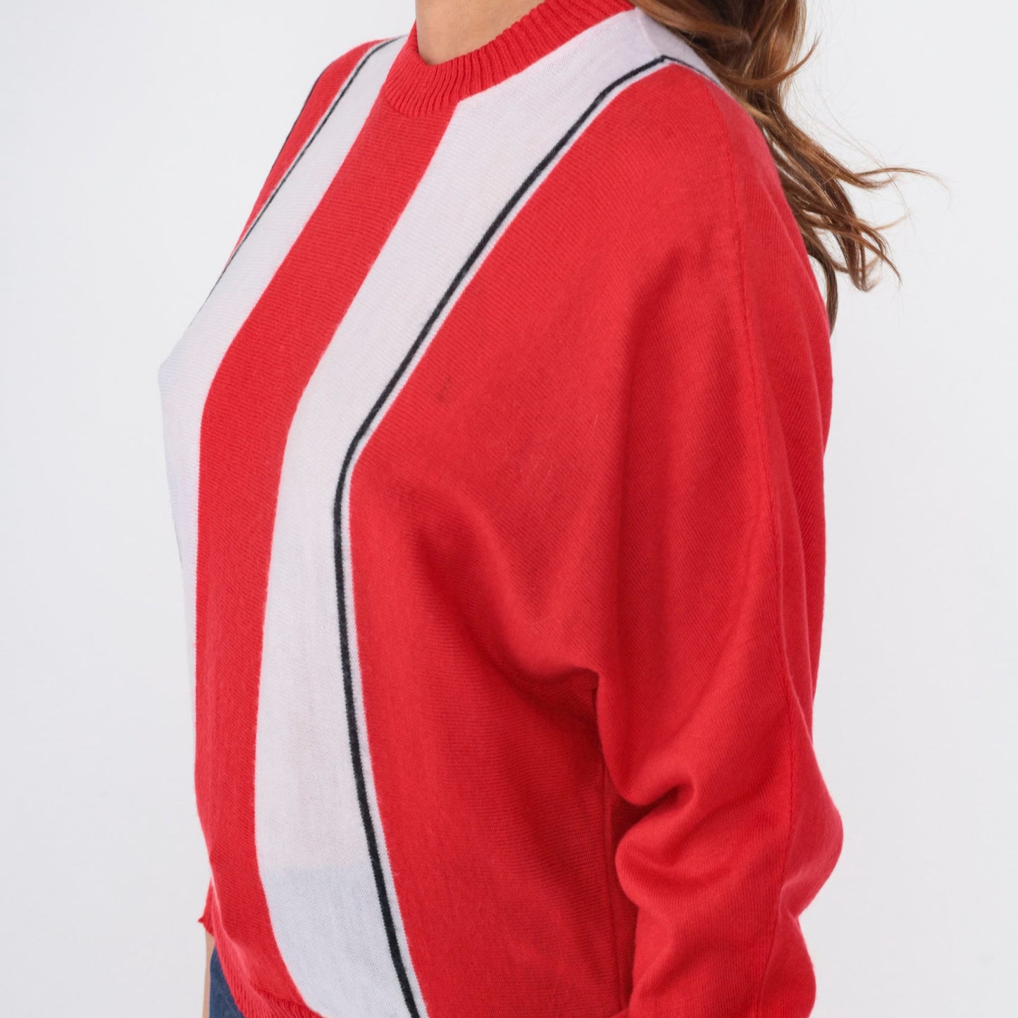 80s Striped Dolman Sleeve Knit Sweater Red White Black Crewneck Medium
