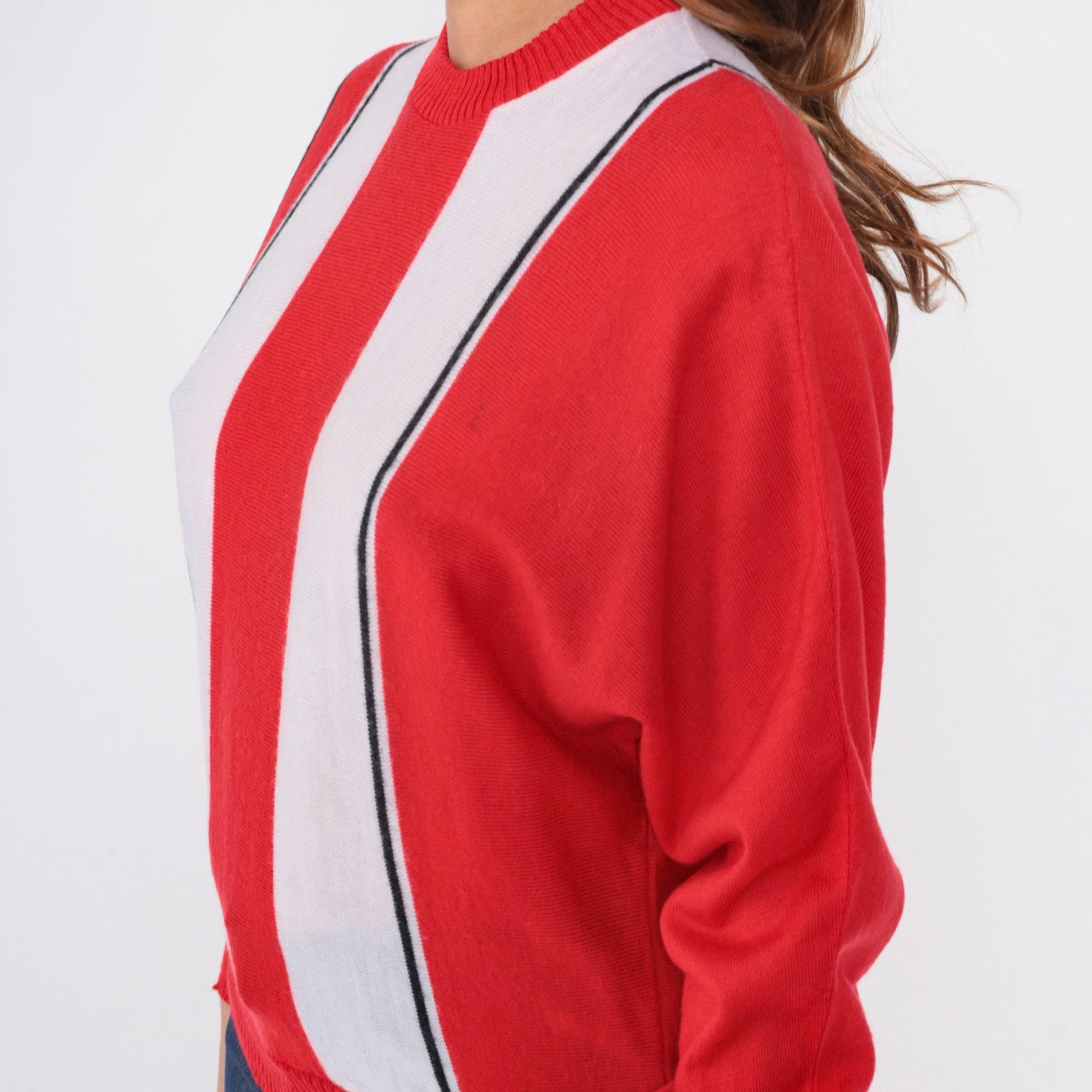 80s Striped Dolman Sleeve Knit Sweater Red White Black Crewneck Medium