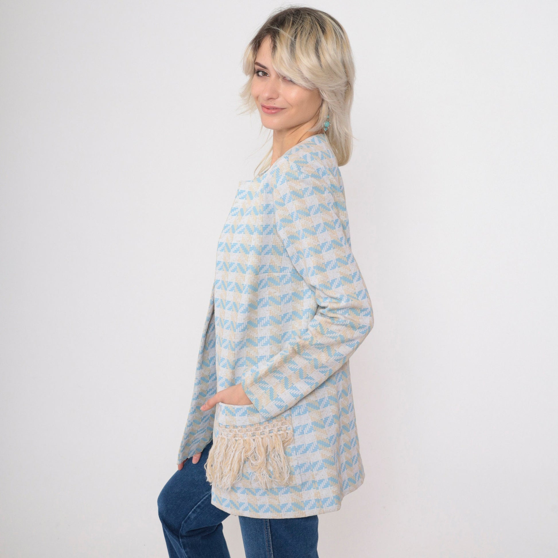 70s Nardis of Dallas Baby Blue Checkered Chevron Open Front Jacket Small Medium