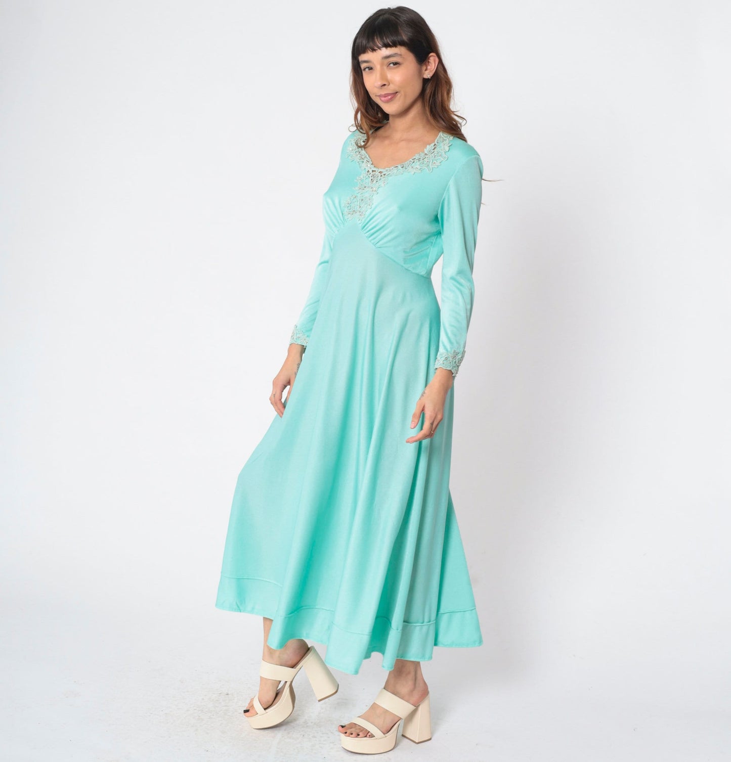 70s Seafoam Floral Beaded Maxi Dress Long Sleeve Empire Waist Medium