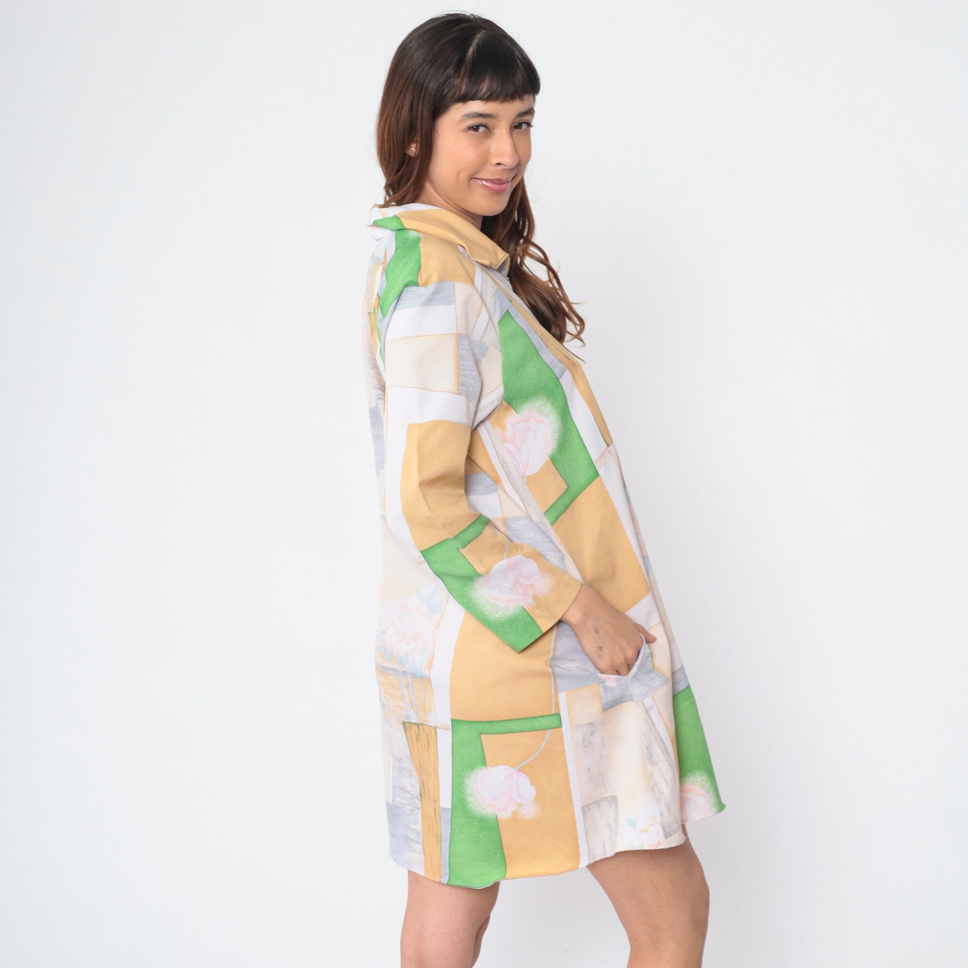 70s Abstract Floral Mini Dress Long Sleeve Zip Front Shift Medium M