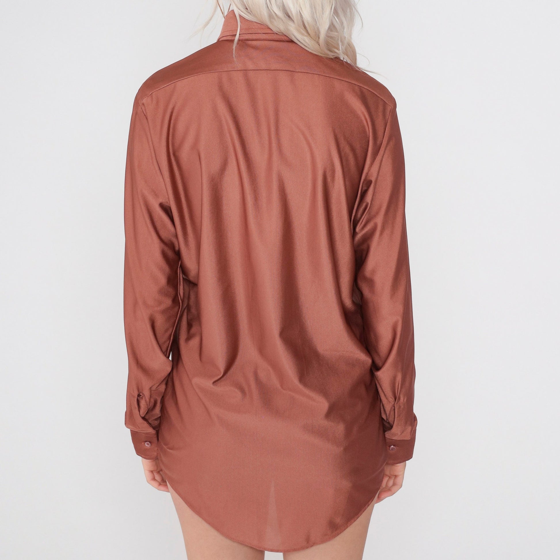 70s Van Heusen Brown Dagger Collar Button-Up Shirt Long Sleeve Medium