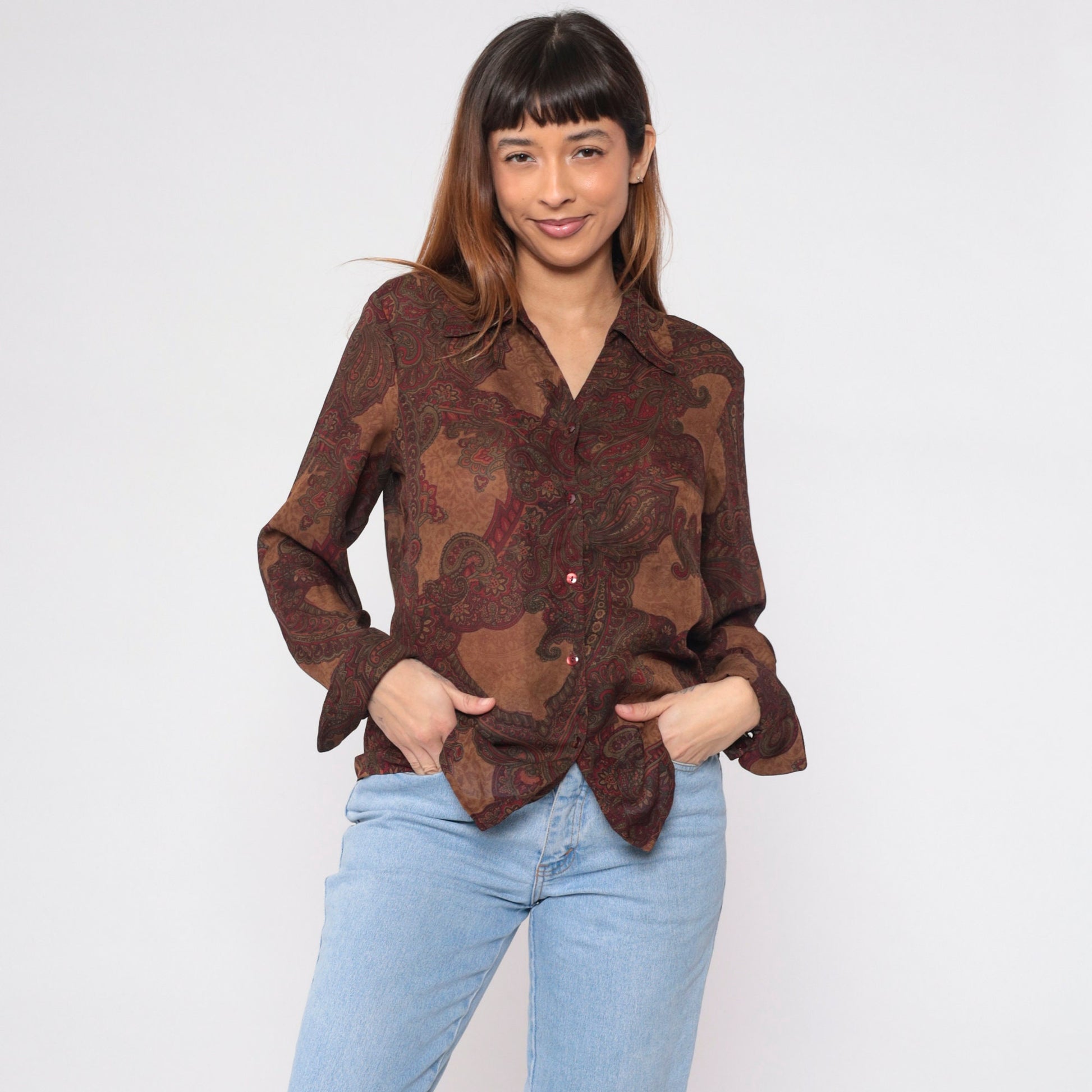 90s Kasper Paisley Button-Up Blouse Brown Long Sleeve Medium