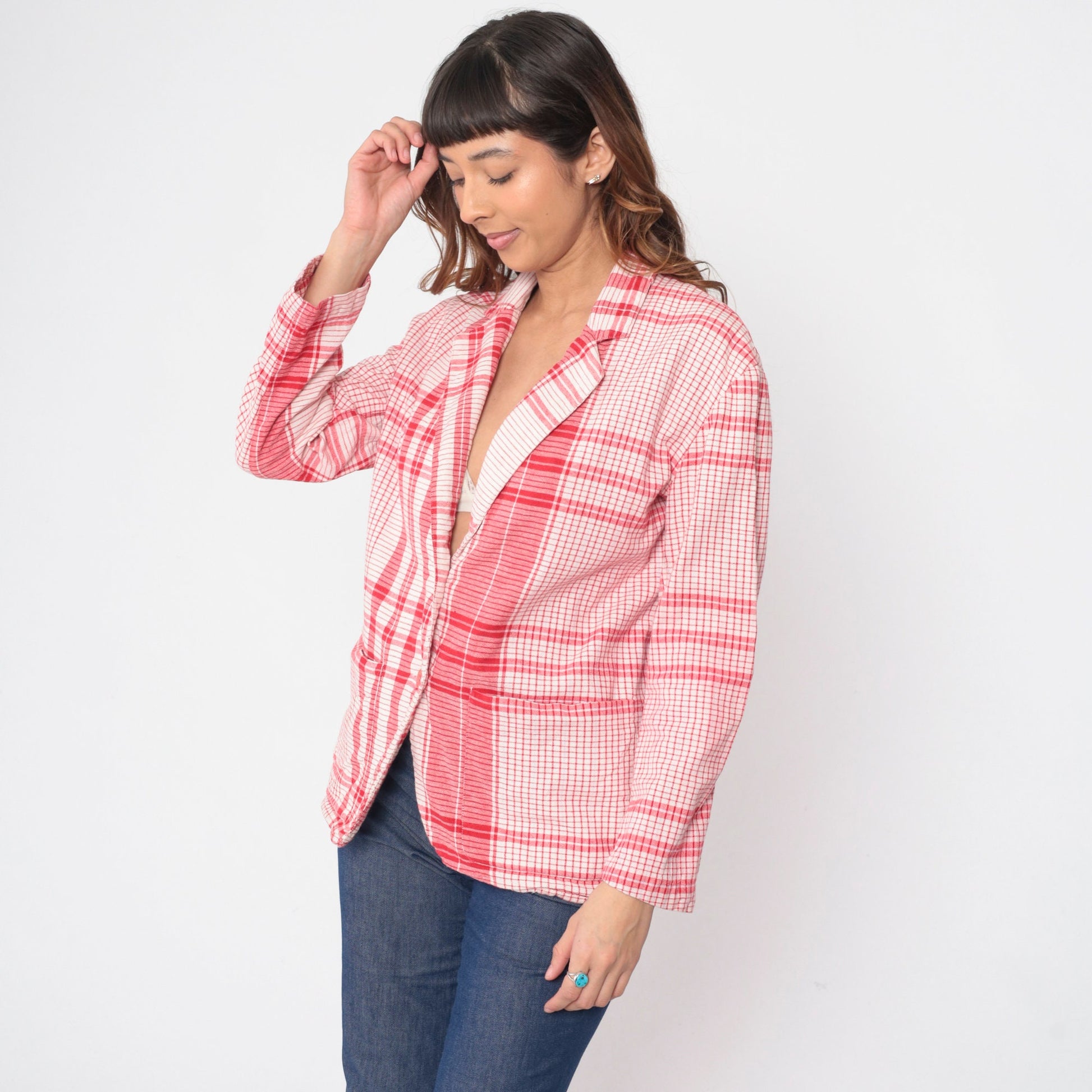 80s WilliWear Willi Smith Plaid Blazer Red White Cotton Jacket Small S