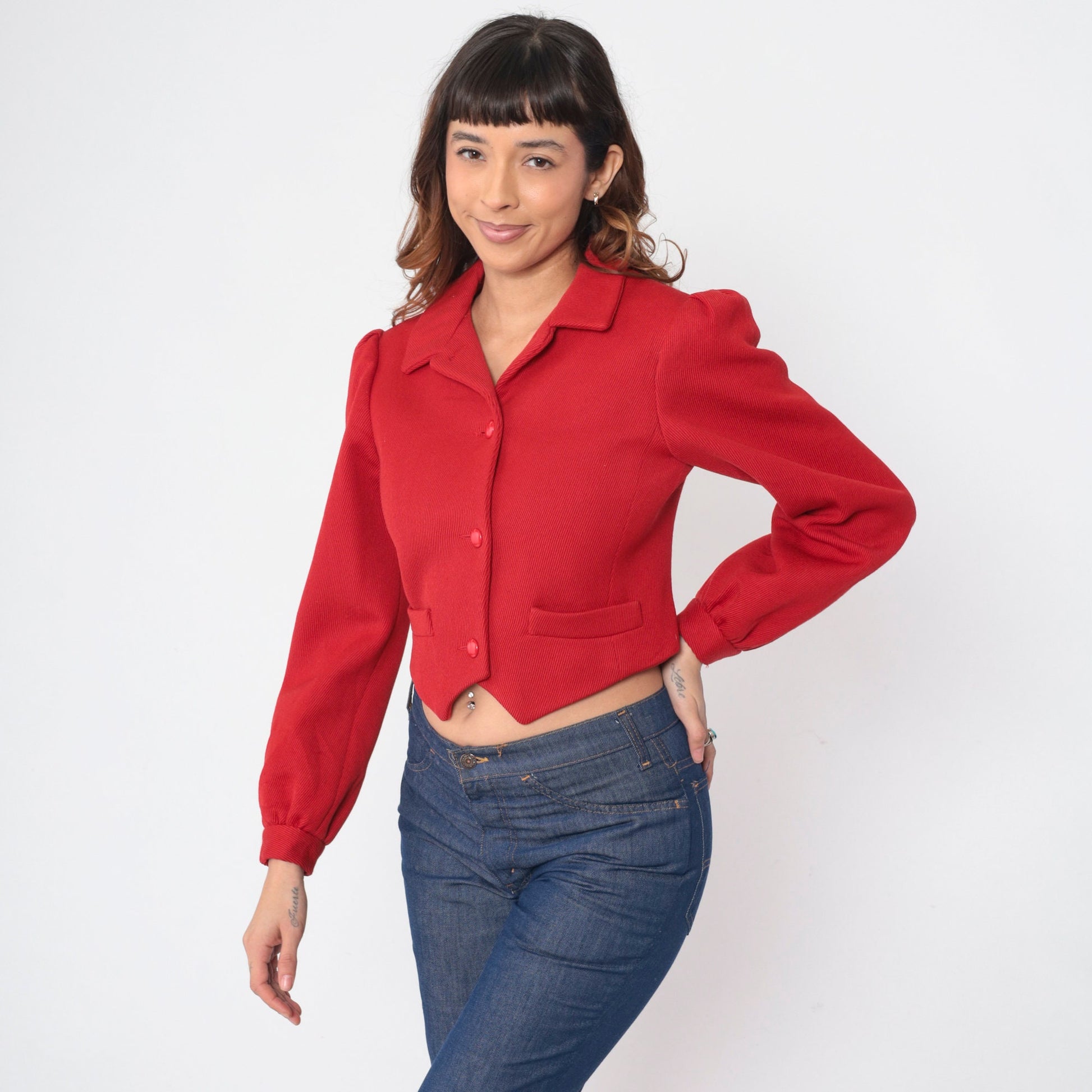 70s Red Corduroy Puff Sleeve Blouse Notched Hem Crop Top Small