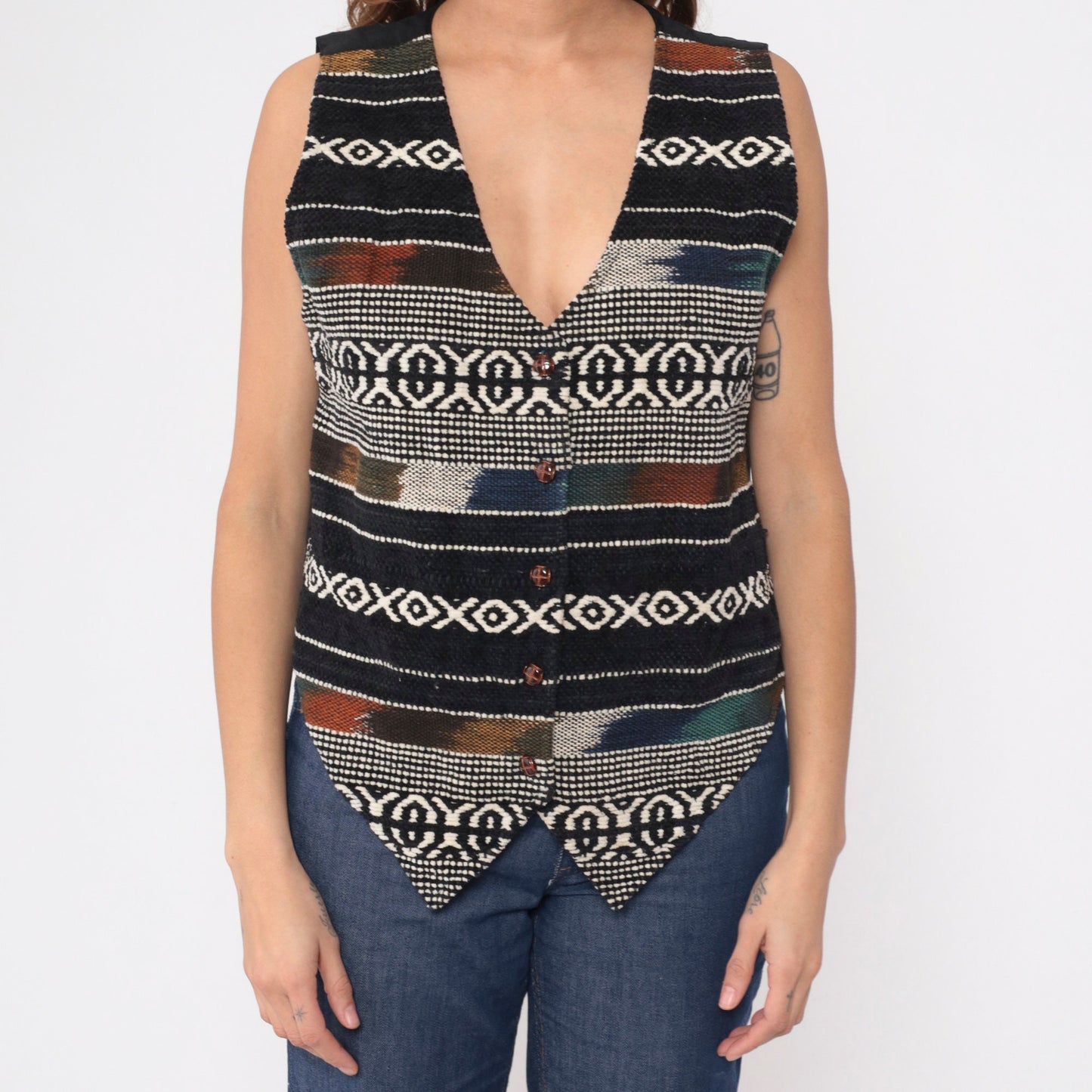 90s Jane Ashley Southwestern Striped Vest Ikat Woven Black White Medium