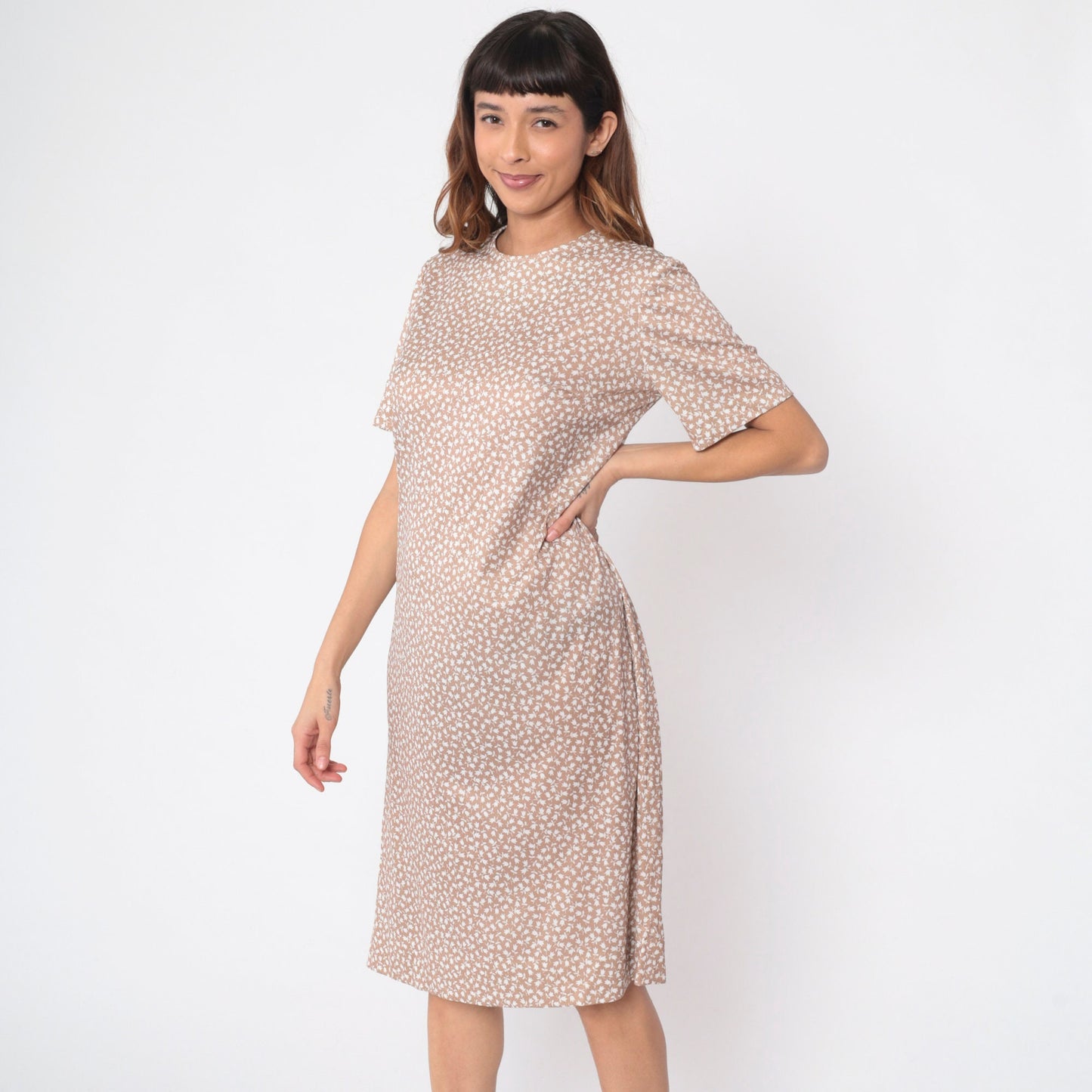70s Tulip Floral Midi Dress Light Brown Shift Short Sleeve Large