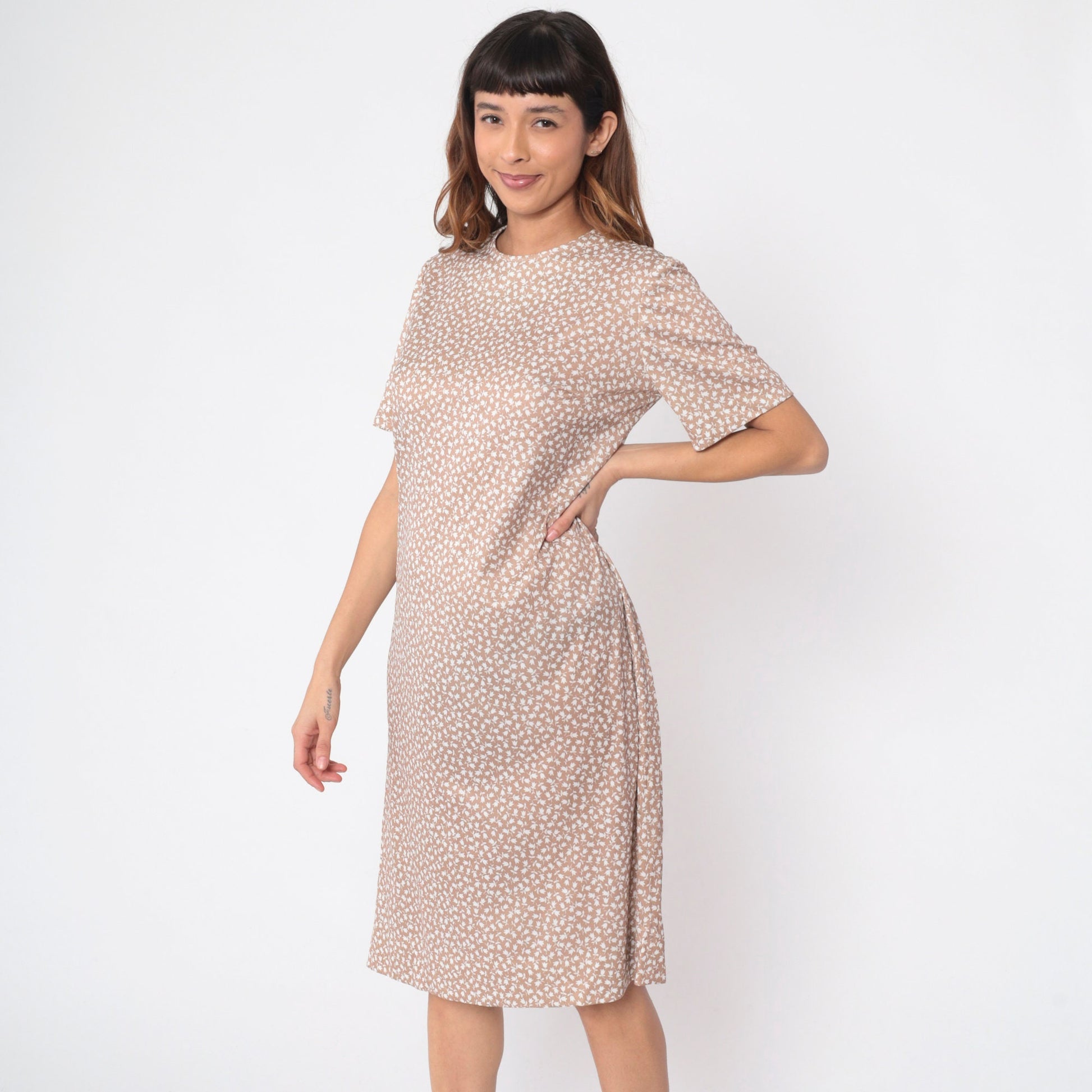70s Tulip Floral Midi Dress Light Brown Shift Short Sleeve Large