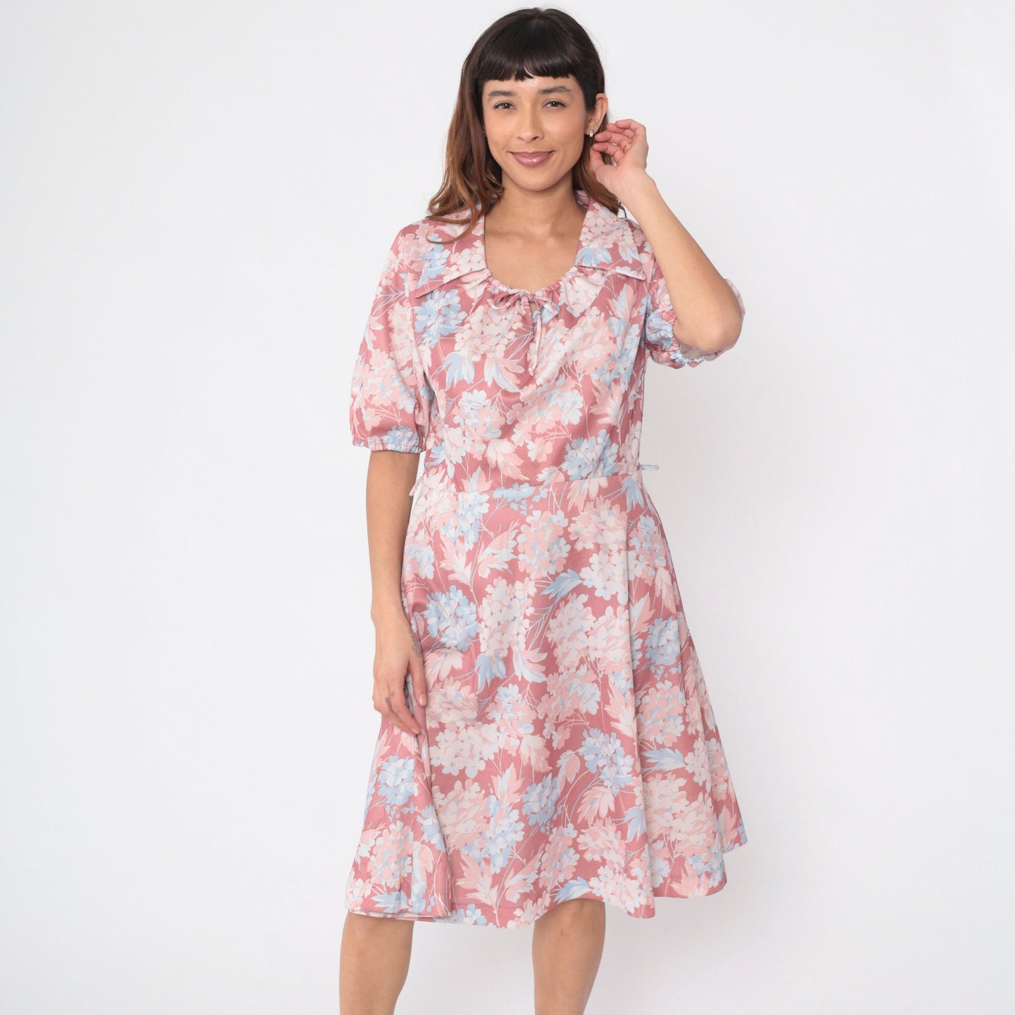 70s Pink Floral Midi Dress Puff Sleeve Collared Drawstring High Waist Medium Large
