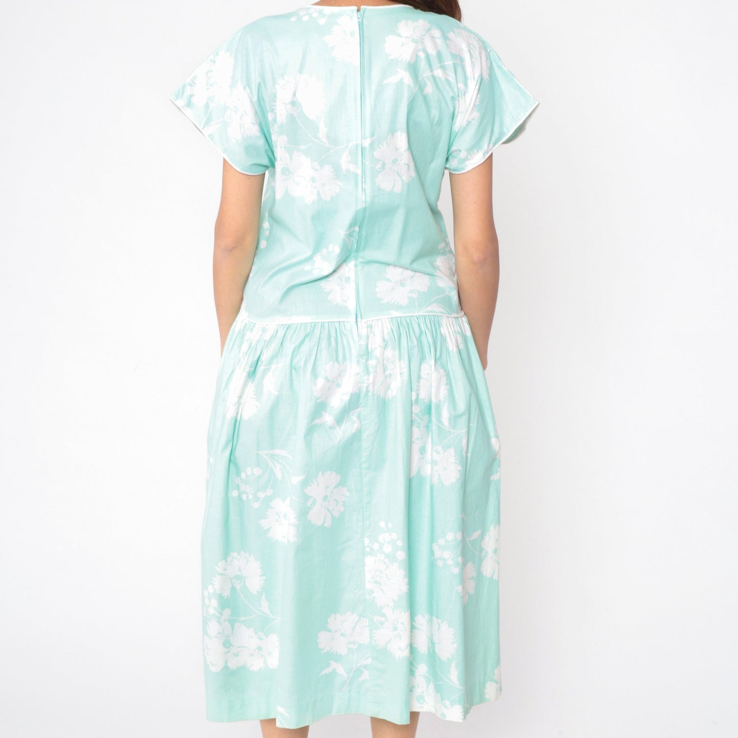 80s Mint Floral Midi Dress High Waisted Button Front Short Sleeve Medium
