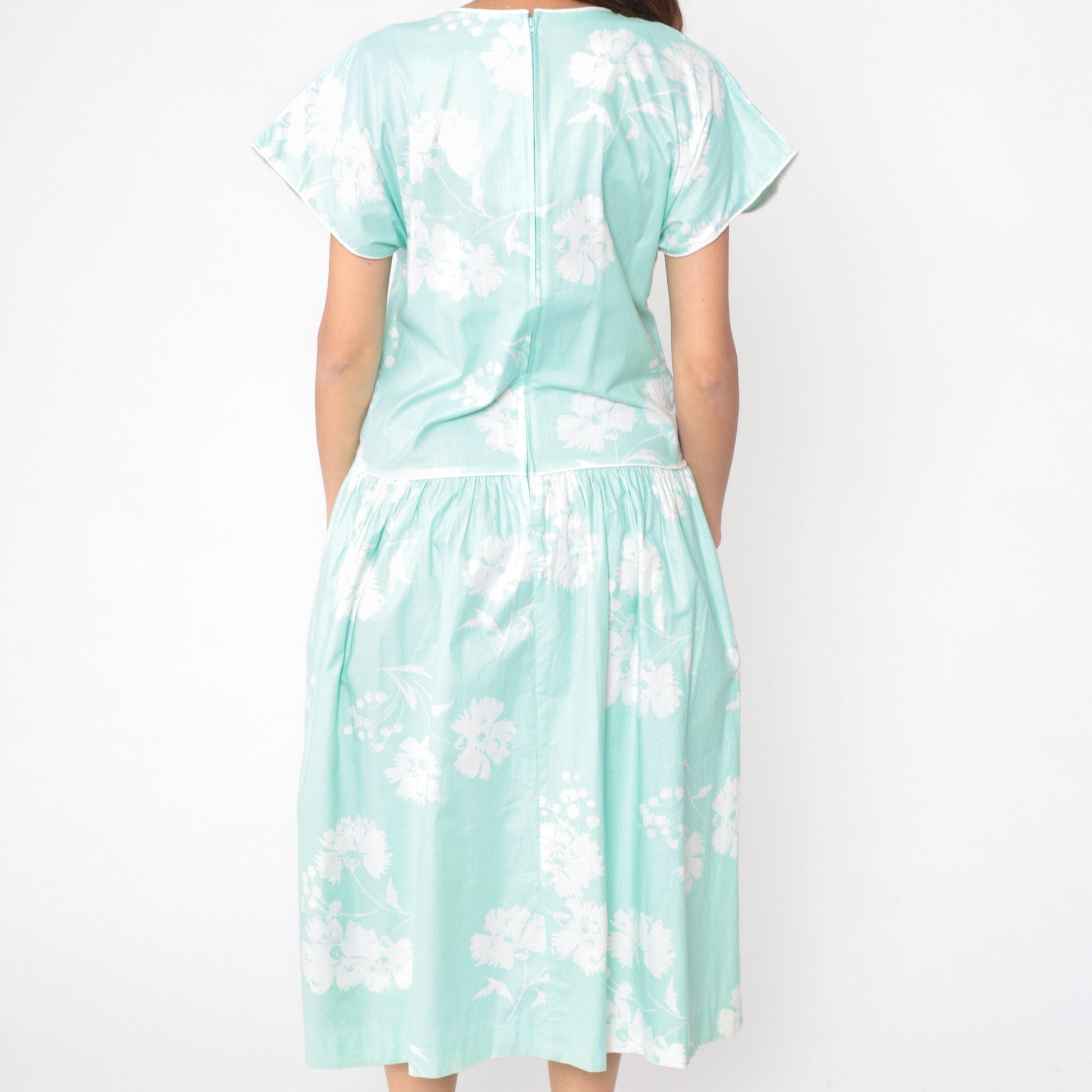 80s Mint Floral Midi Dress High Waisted Button Front Short Sleeve Medium