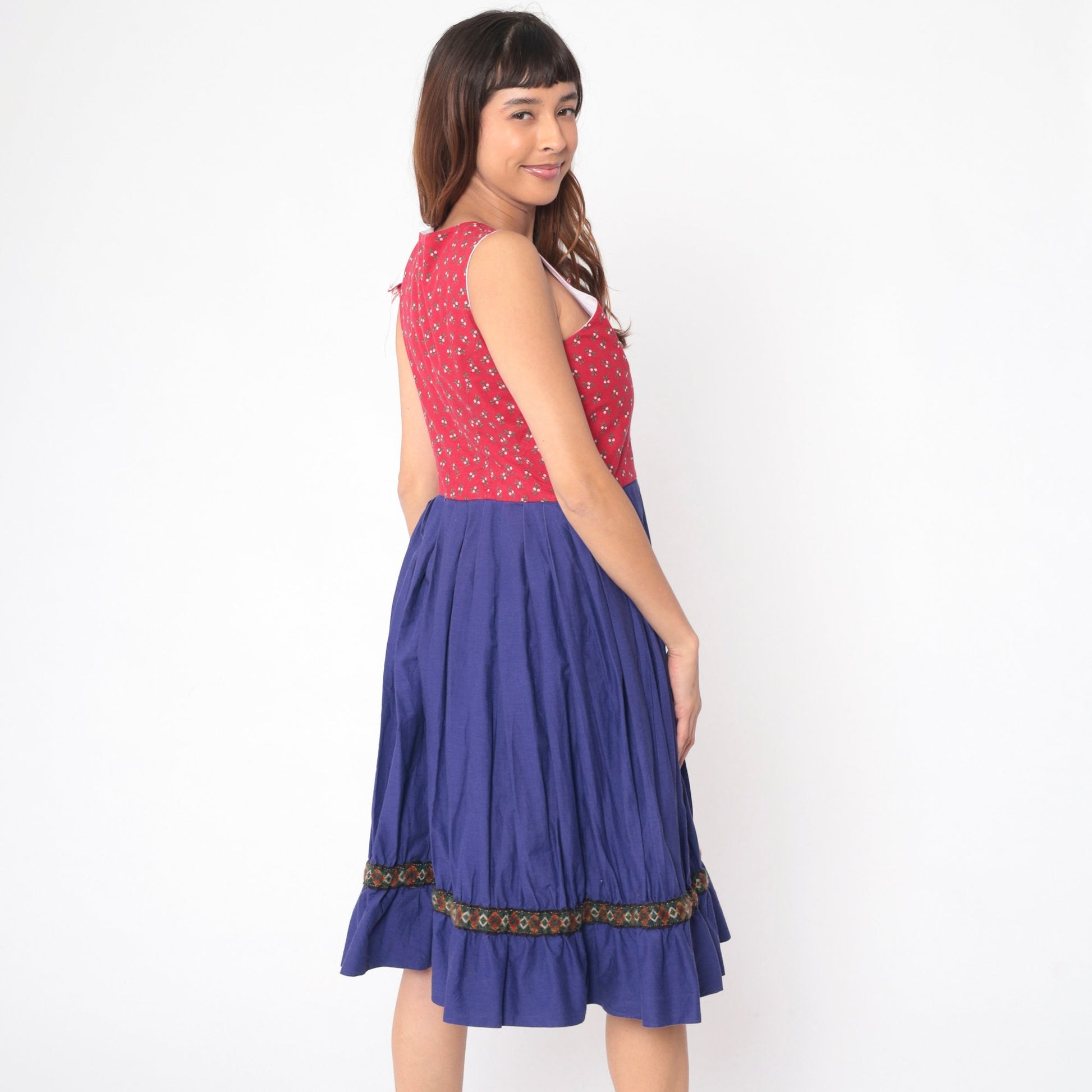 70s Dirndl Dress Handmade Calico Floral Midi Red Blue High Waist Medium