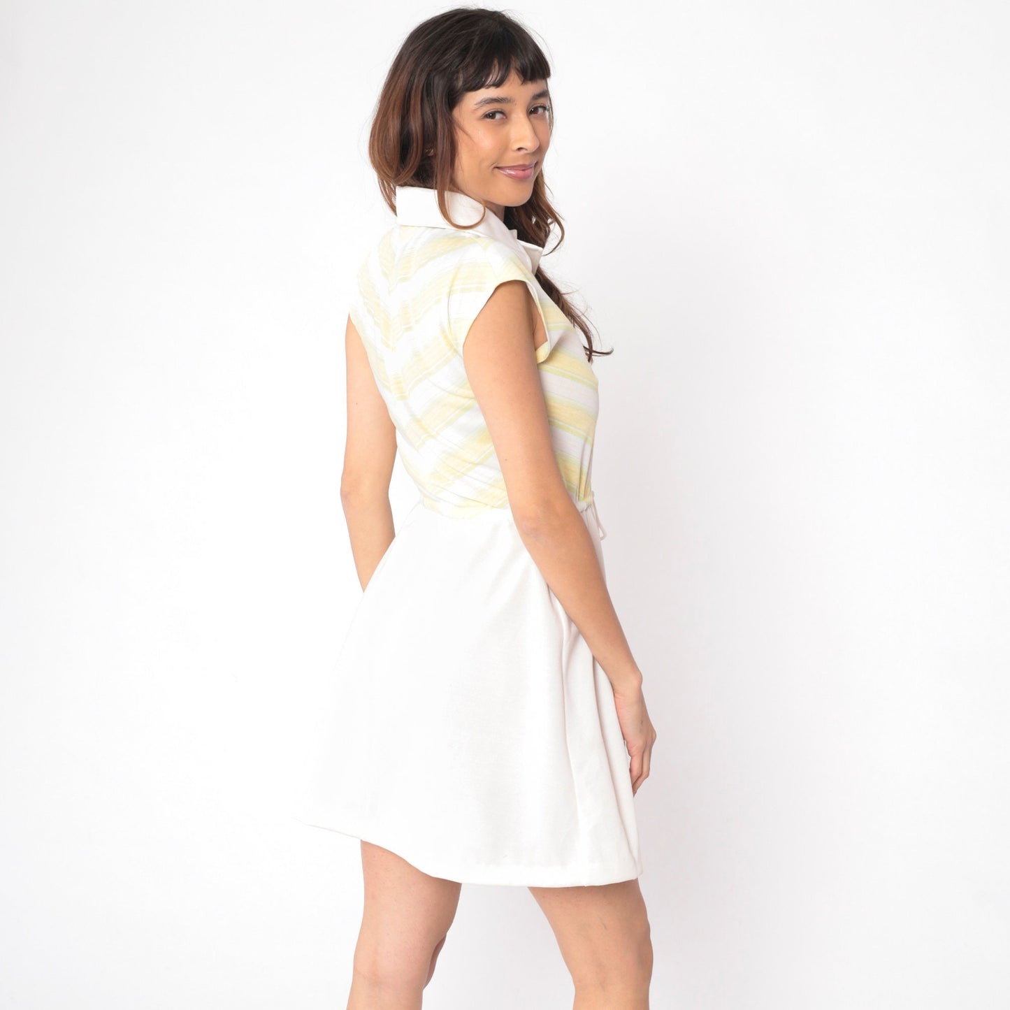 70s Chevron Striped Mini Dress Yellow White Collared Button-Up Small S