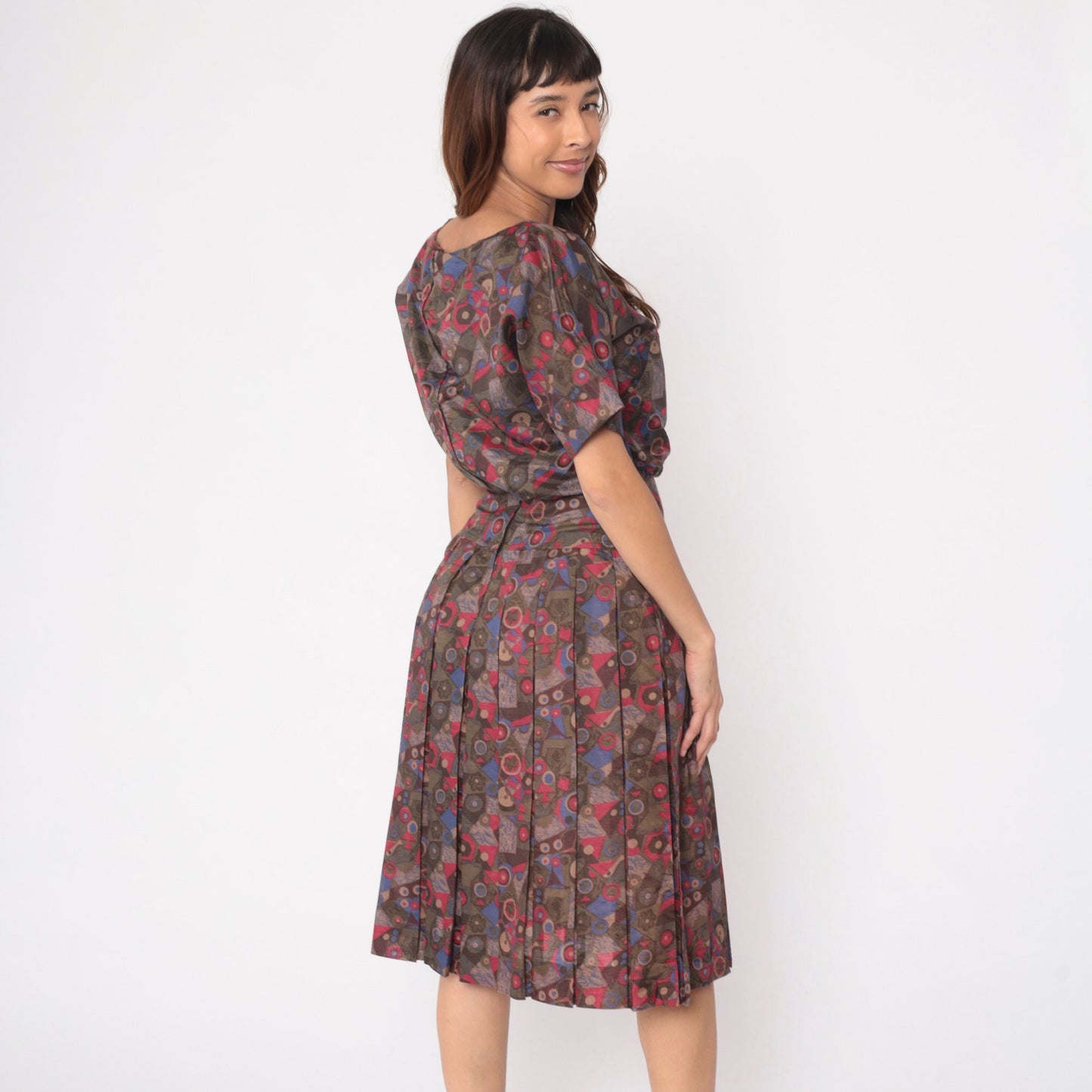 60s R&K Originals Geometric Floral Midi Dress High Waisted Pleated Cotton Medium