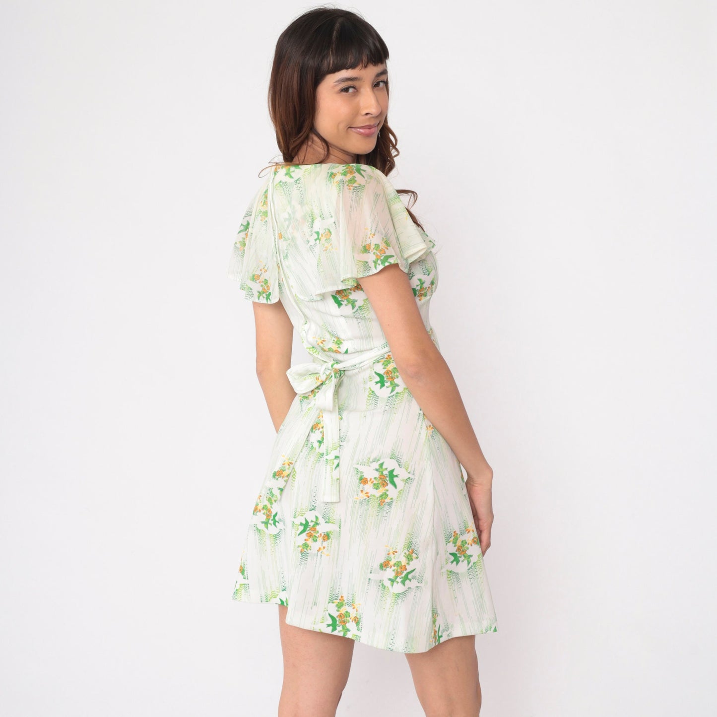 70s Babydoll Mini Dress Floral Bird Print Empire Waist Flutter Sleeve Small