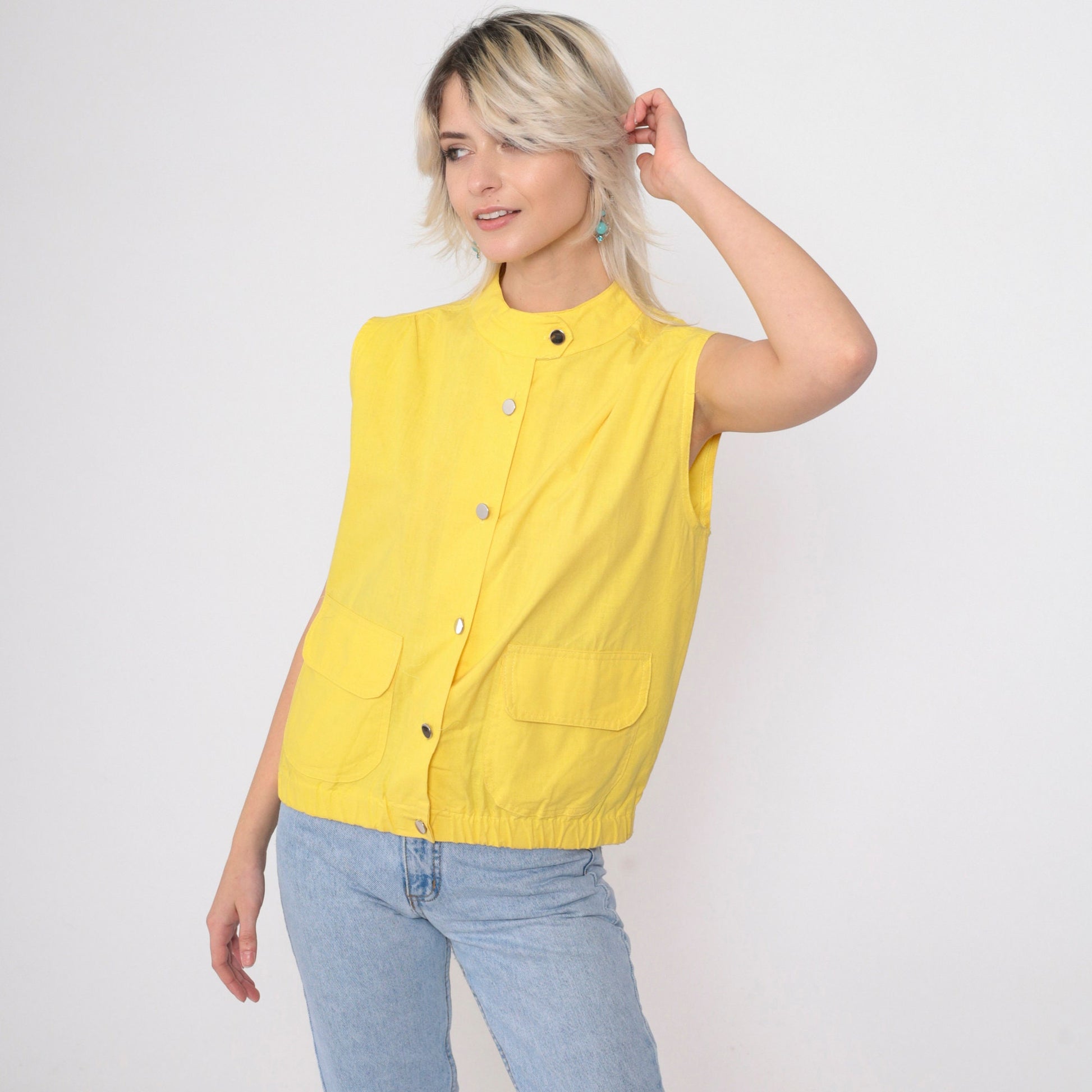 80s Jess Yellow Utility Tank Top Button-Up Vest Silver Banded Collar Medium