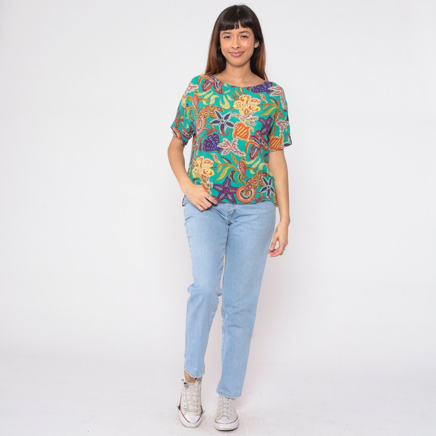 90s Under The Sea Print Rayon Blouse Turquoise Fish Starfish Small
