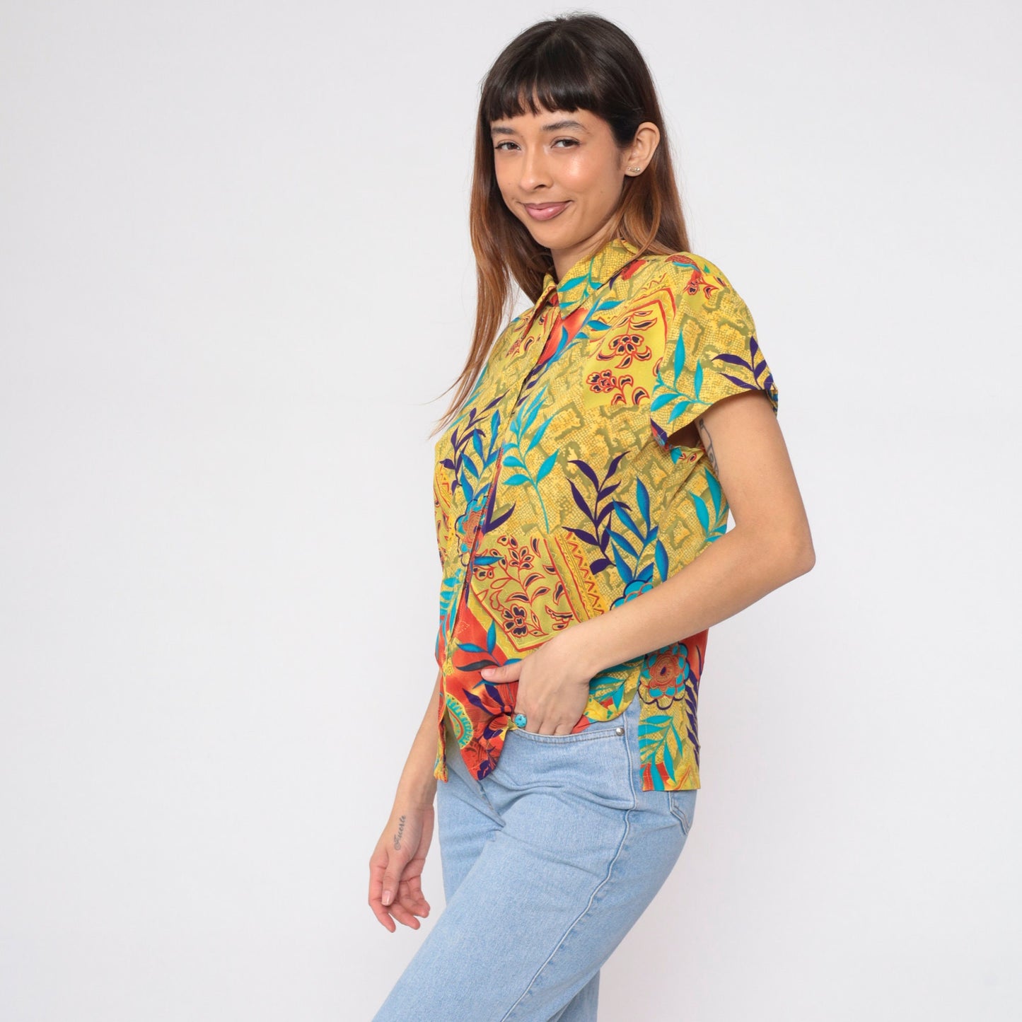 90s Mixed Print Button-Up Blouse Floral Snakeskin Mandala Yellow Orange Medium
