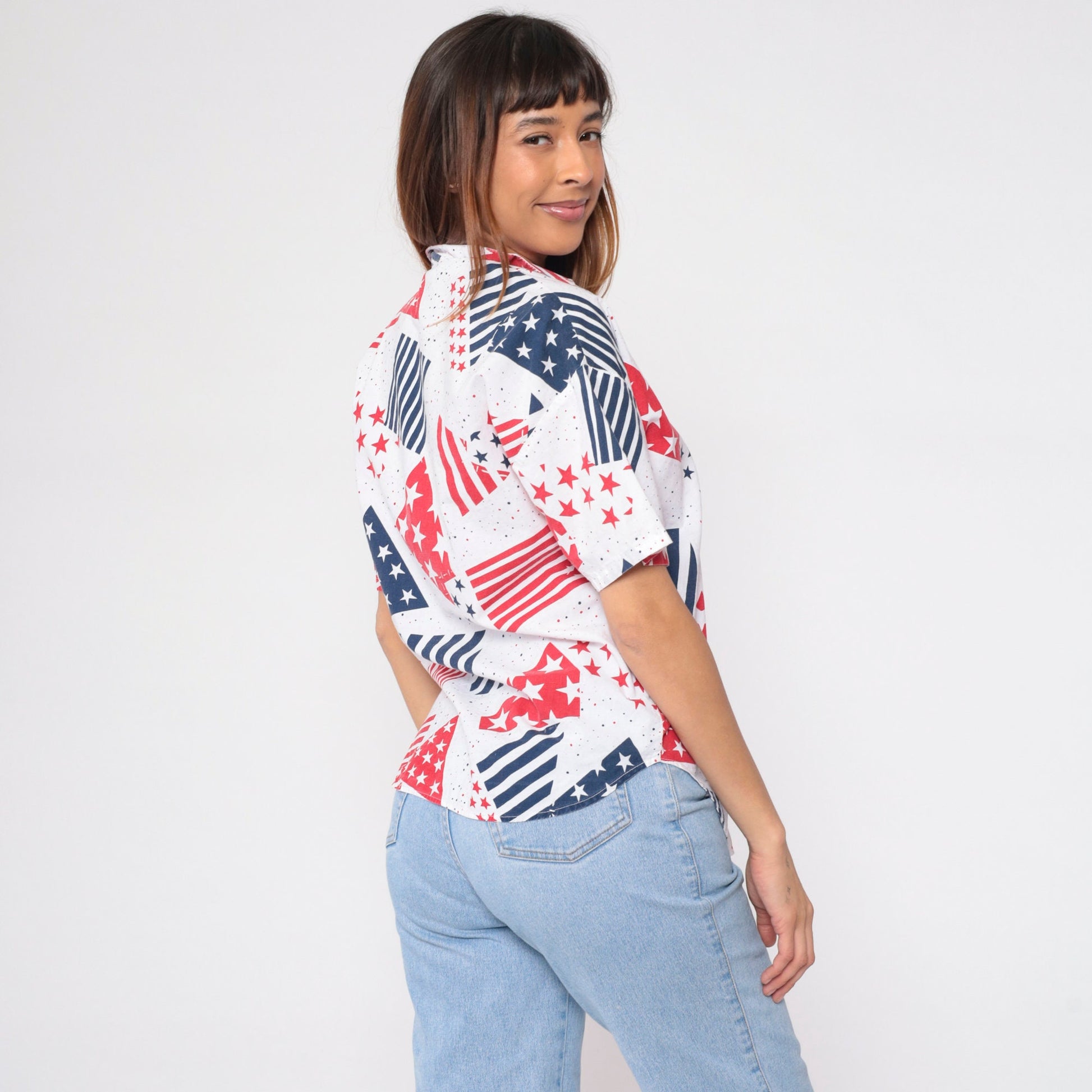 90s Stars and Stripes Button-Up Blouse Red White Blue American Flag Large L