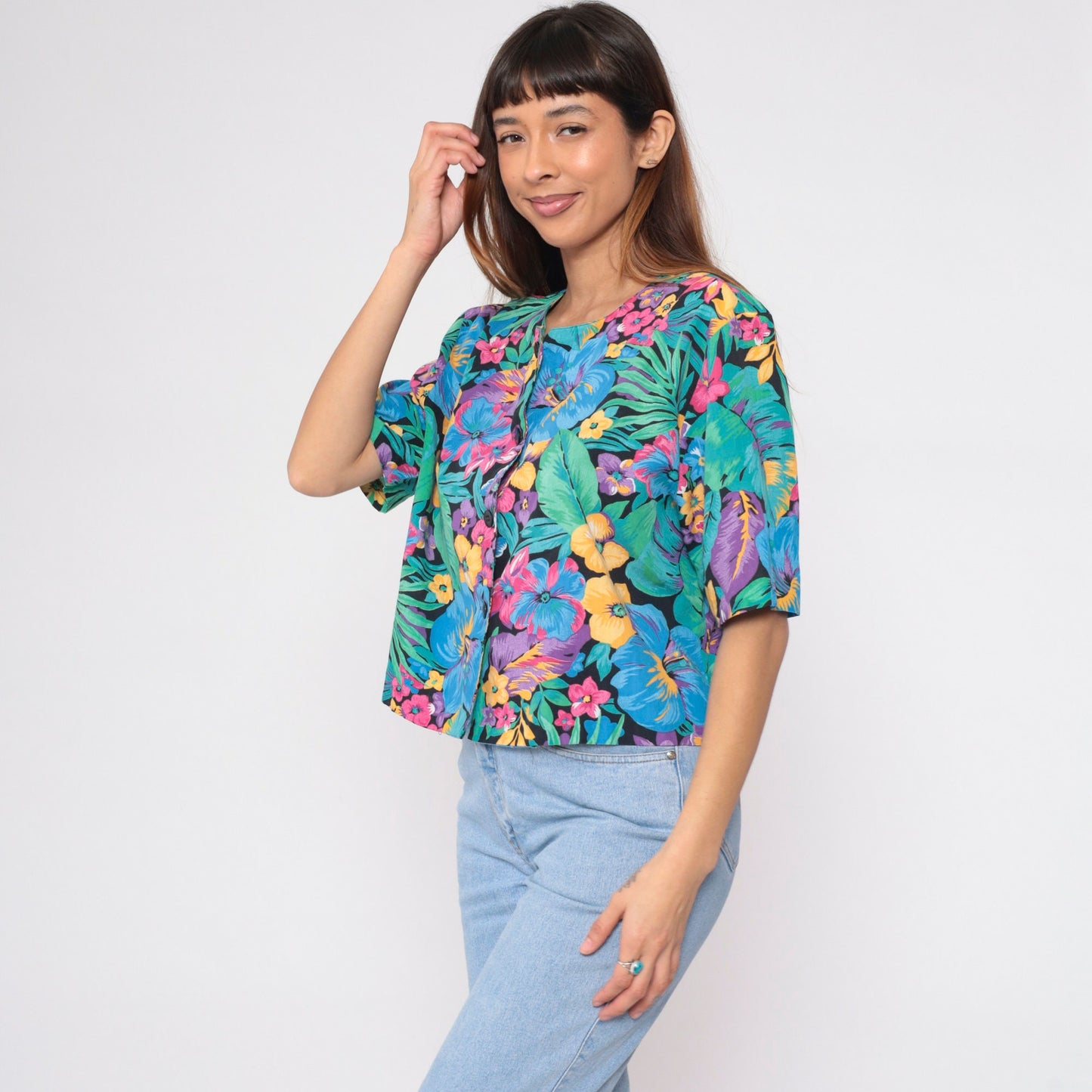 90s Black Tropical Floral Crop Top Button-Up Blouse Short Sleeve Large L