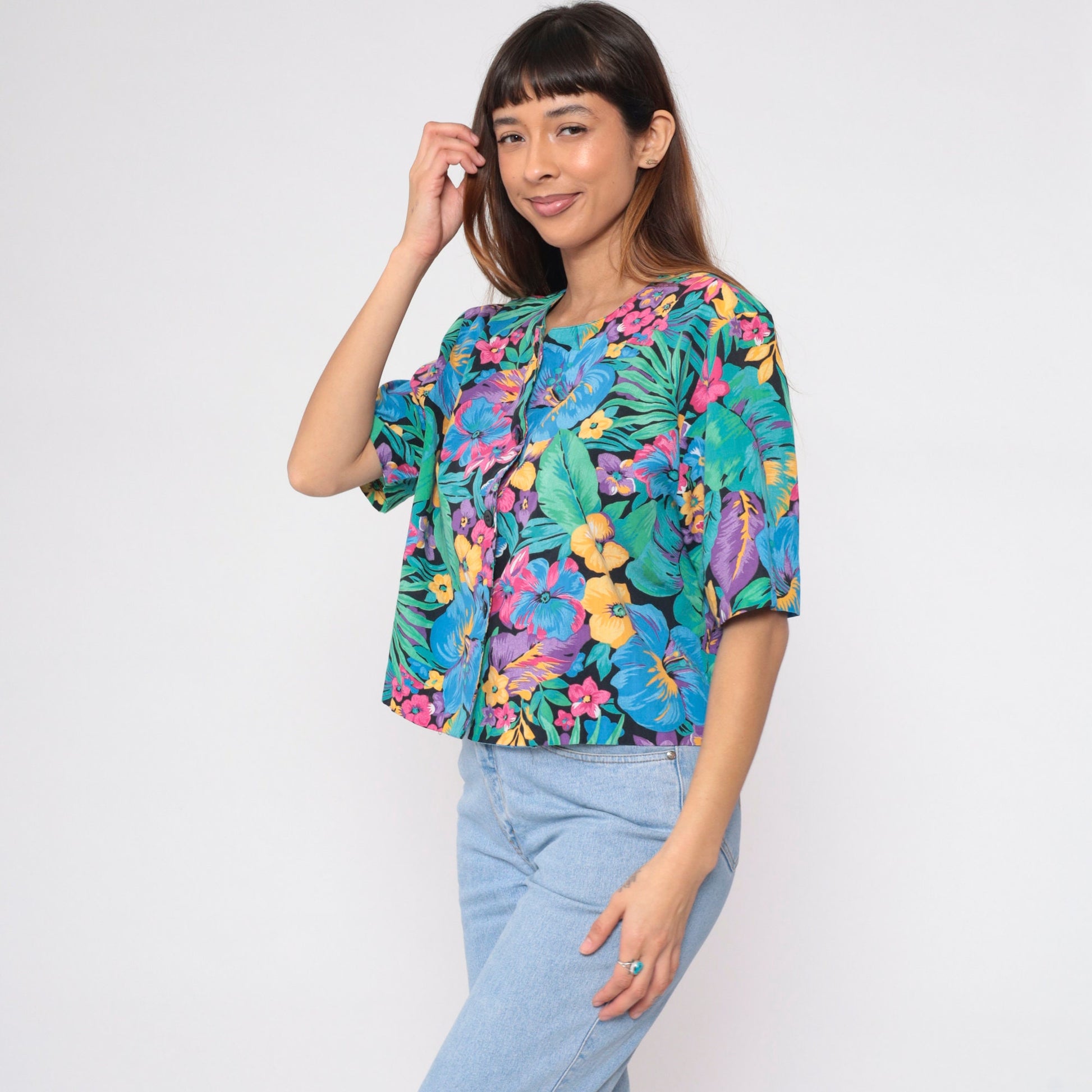 90s Black Tropical Floral Crop Top Button-Up Blouse Short Sleeve Large L