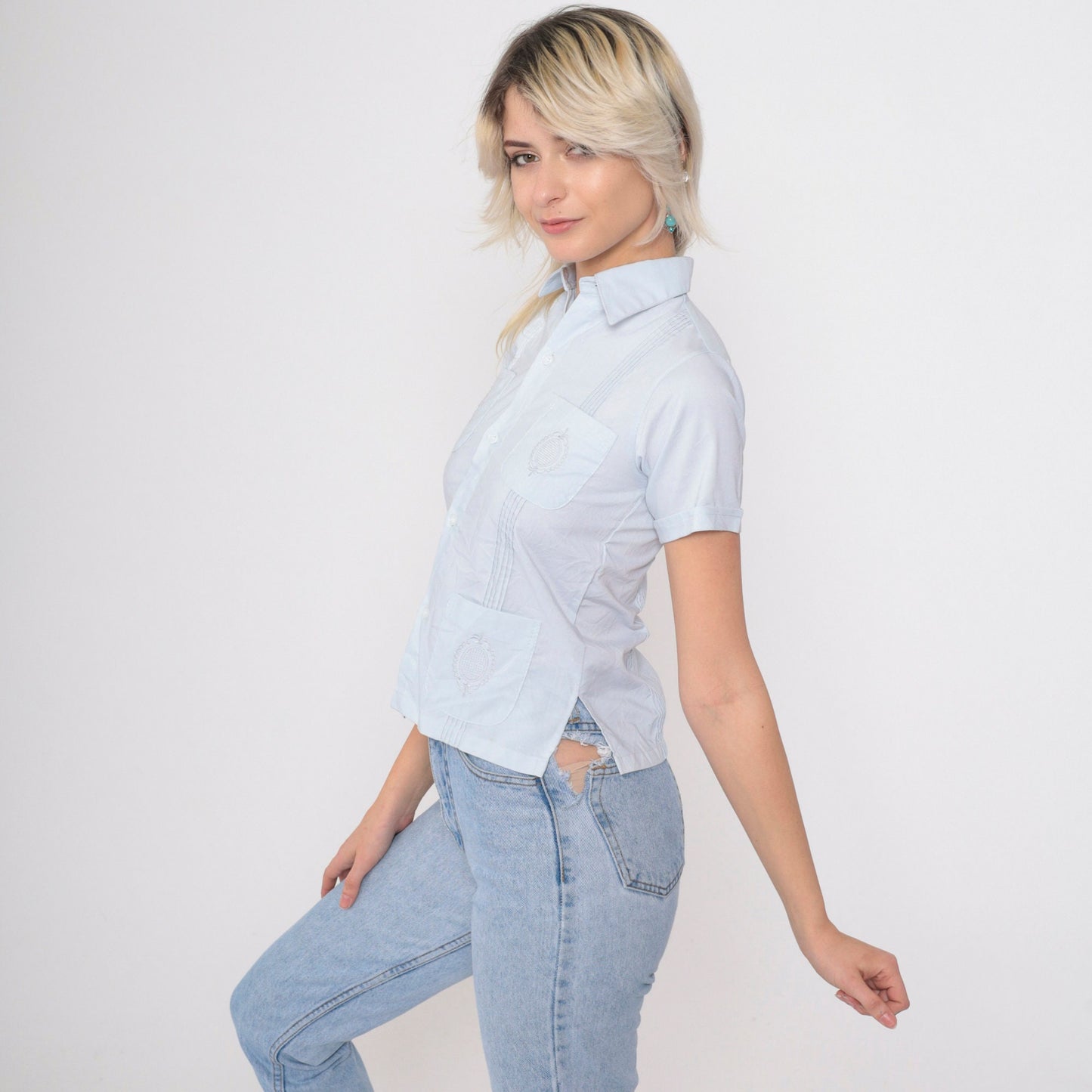 80s Baby Blue Embroidered Pintuck Button-Up Shirt Short Sleeve XXS