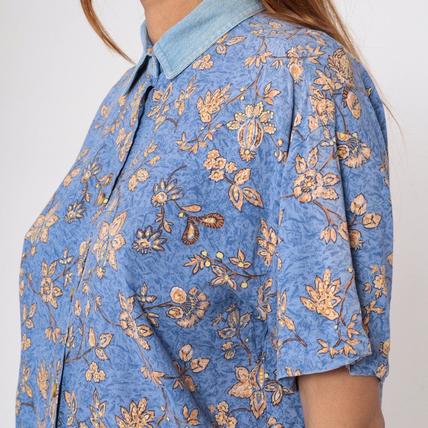 90s Blue Floral Button-Up Blouse Denim Collar Short Sleeve Small S