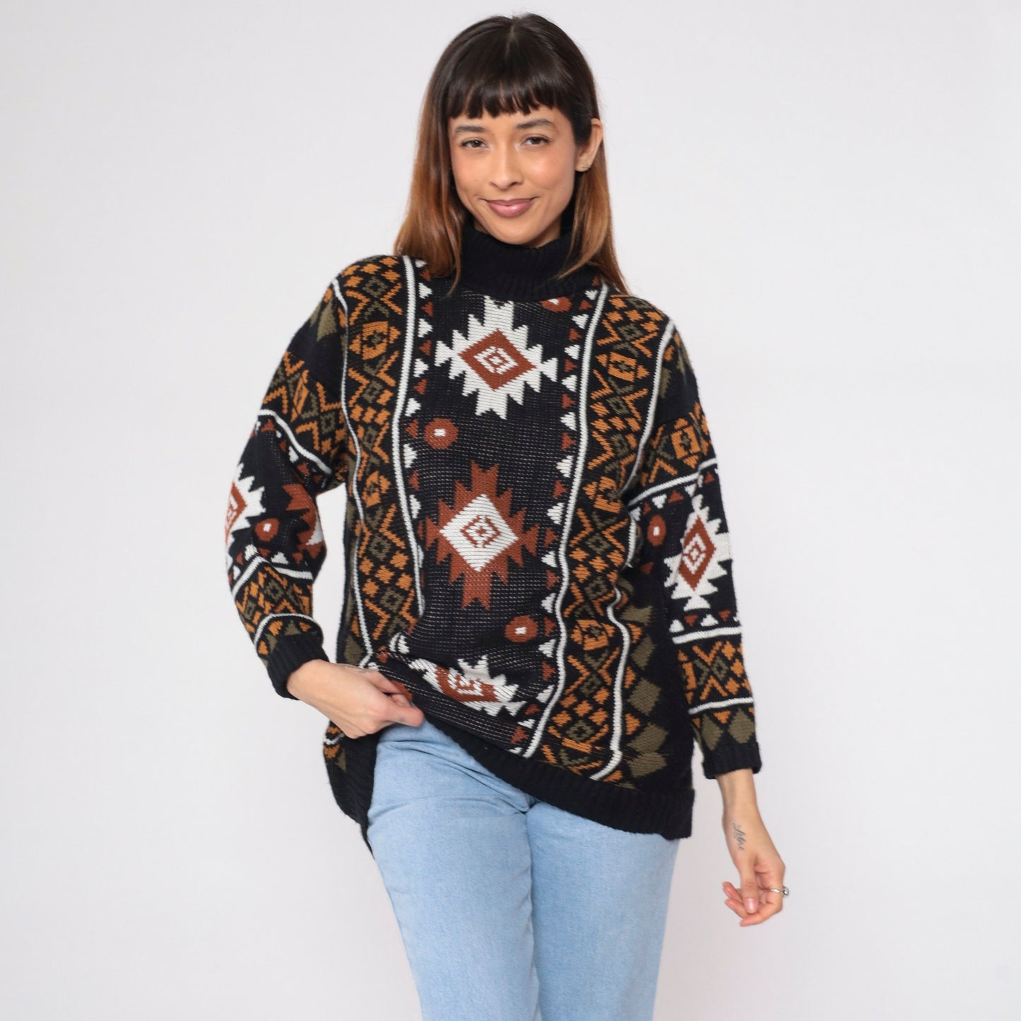 80s Southwestern Knit Turtleneck Sweater Black Geometric Print Large L