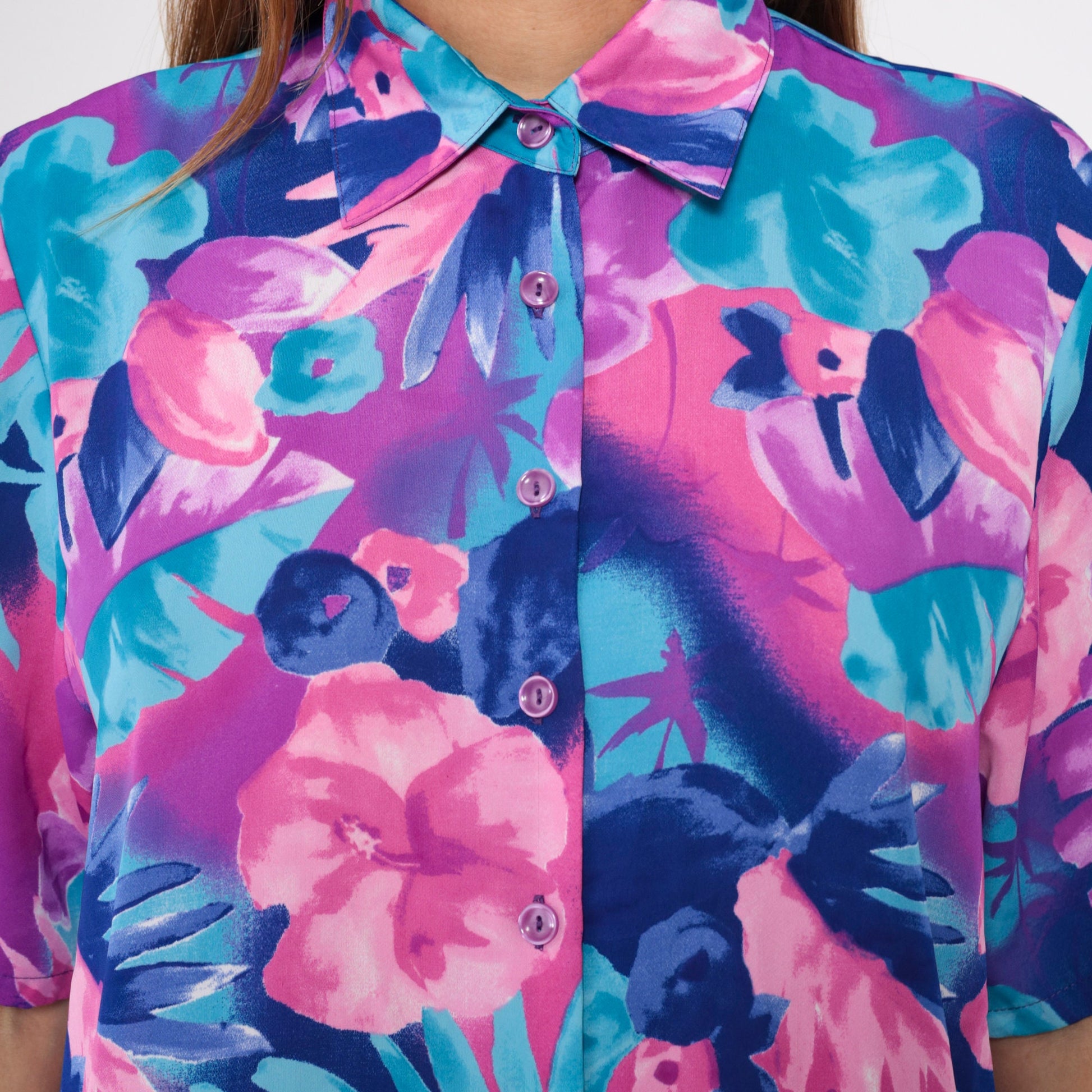 90s Bon Worth Hawaiian Floral Blouse Pink Purple Blue Short Sleeve Small