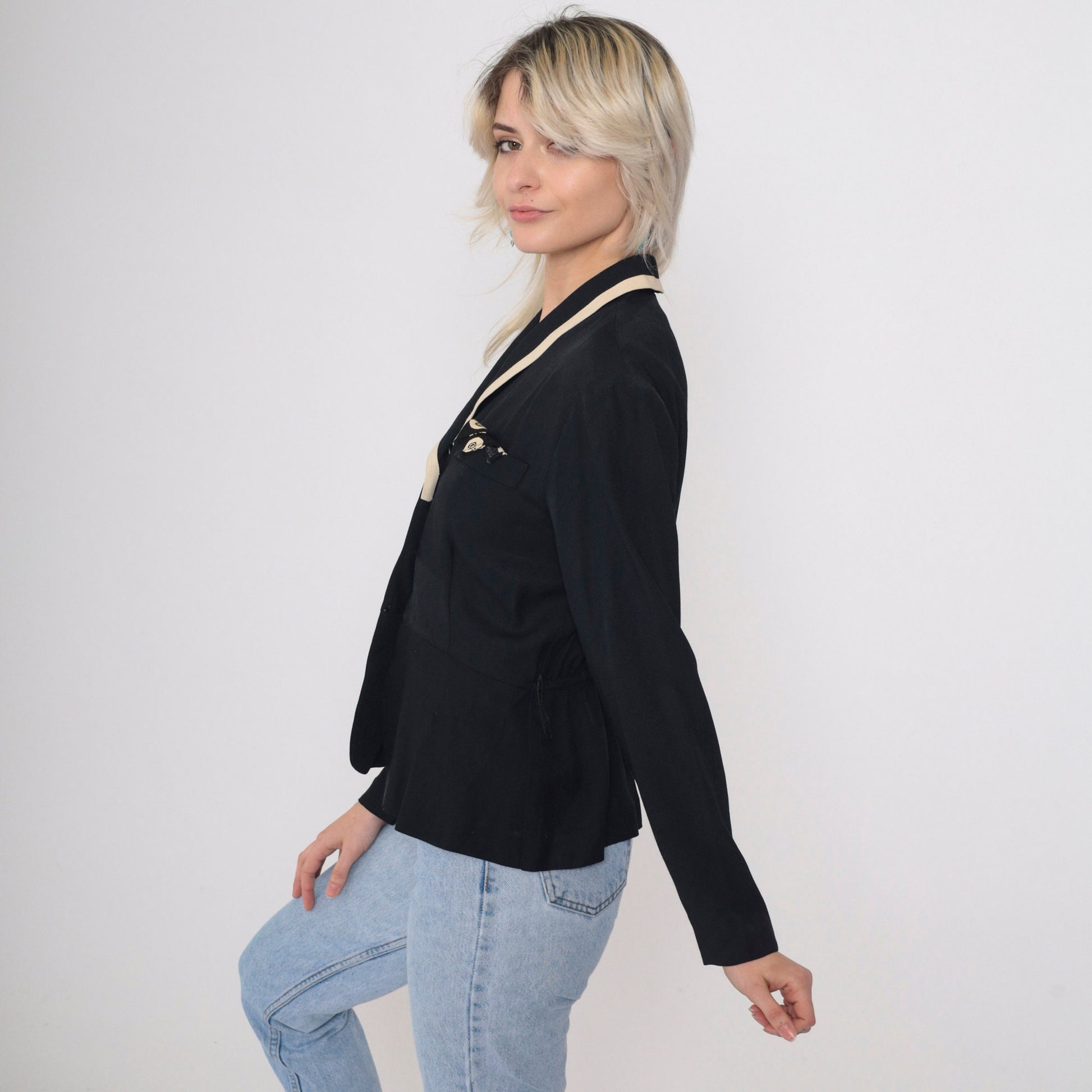 90s Black Blazer with Cream Trim Peplum Jacket Gold Buttons Small
