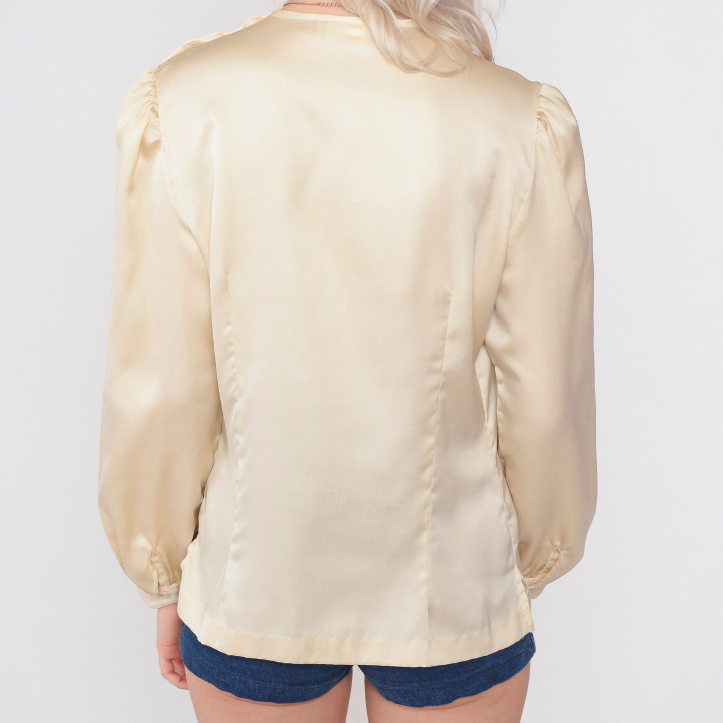 80s Cream Satin Blouse Puff Sleeve Pleated Shoulder Button Medium